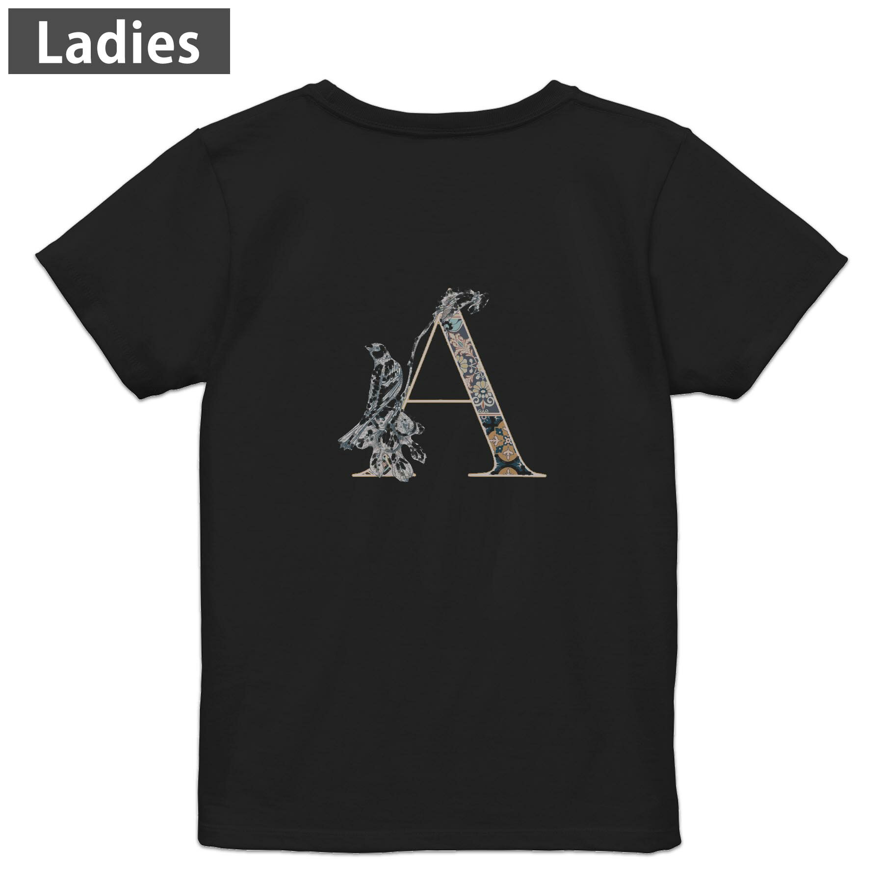 Tシャツ レディース バックプリント 半袖 ブラック 黒 デザイン M L tシャツ ティーシャツ T shirt 019145 文字 a アルファベット