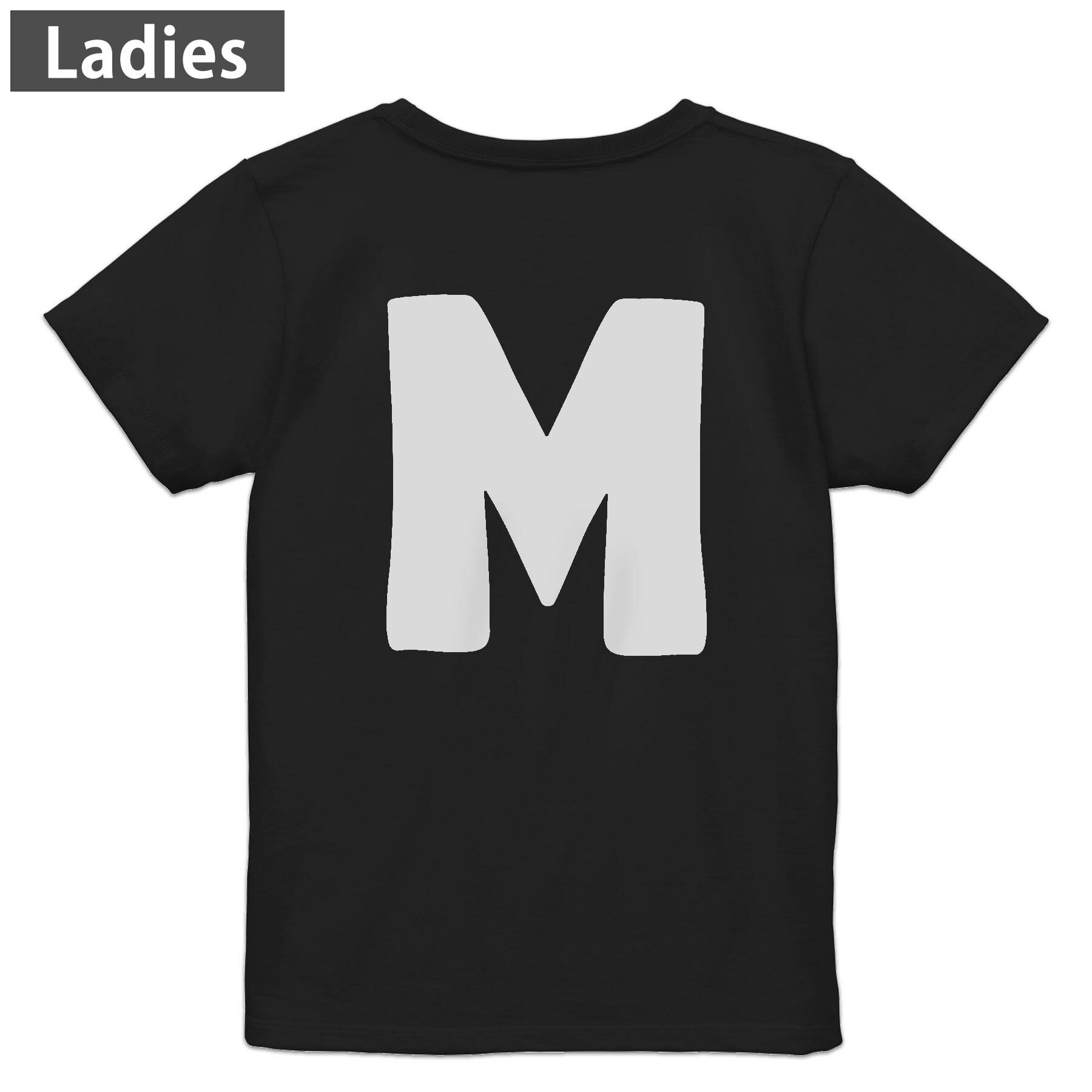 Tシャツ レディース バックプリント 半袖 ブラック 黒 デザイン M L tシャツ ティーシャツ T shirt 019193 文字 m アルファベット