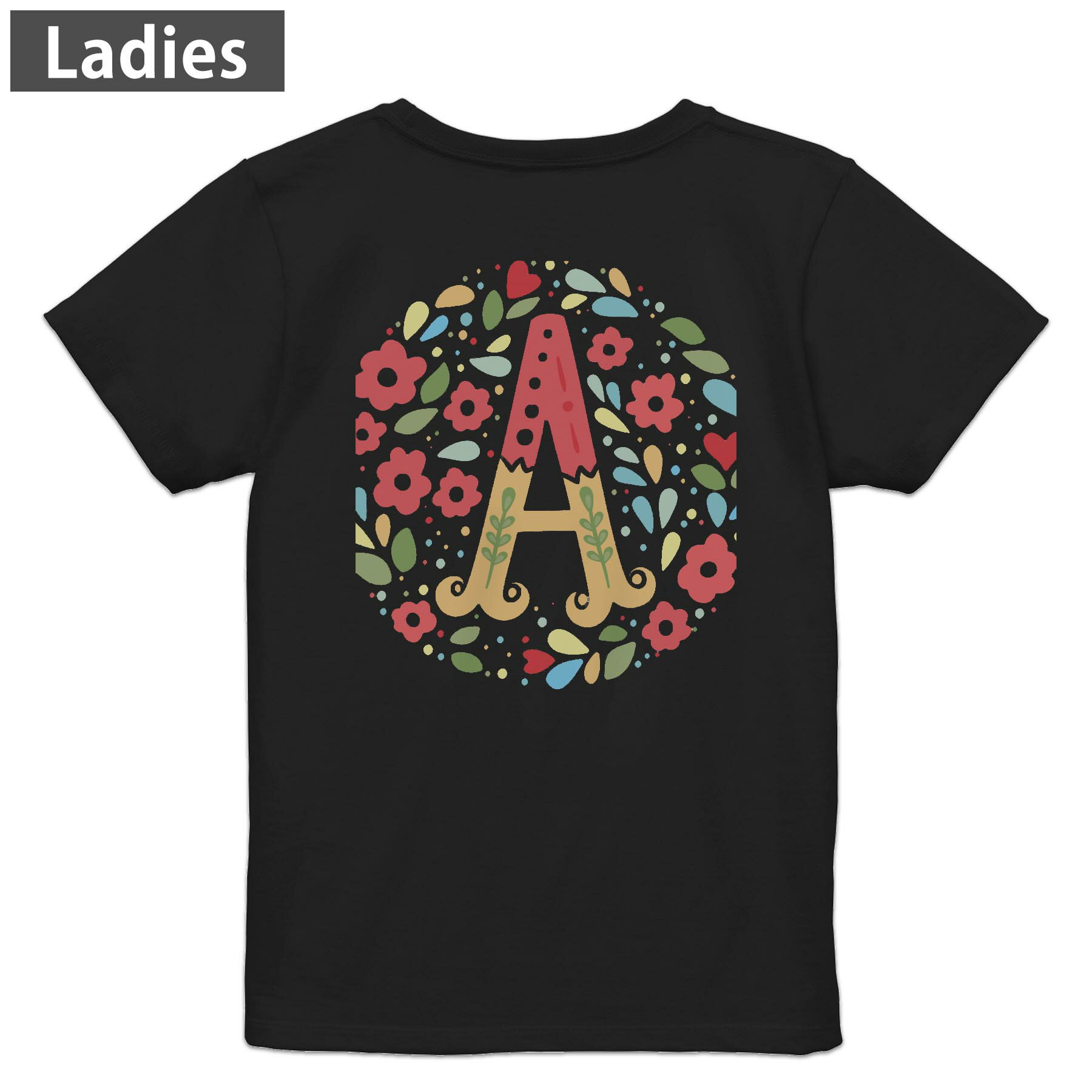 Print - Tシャツ レディース バックプリント 半袖 ブラック 黒 デザイン M L tシャツ ティーシャツ T shirt 019270 文字 a アルファベット
