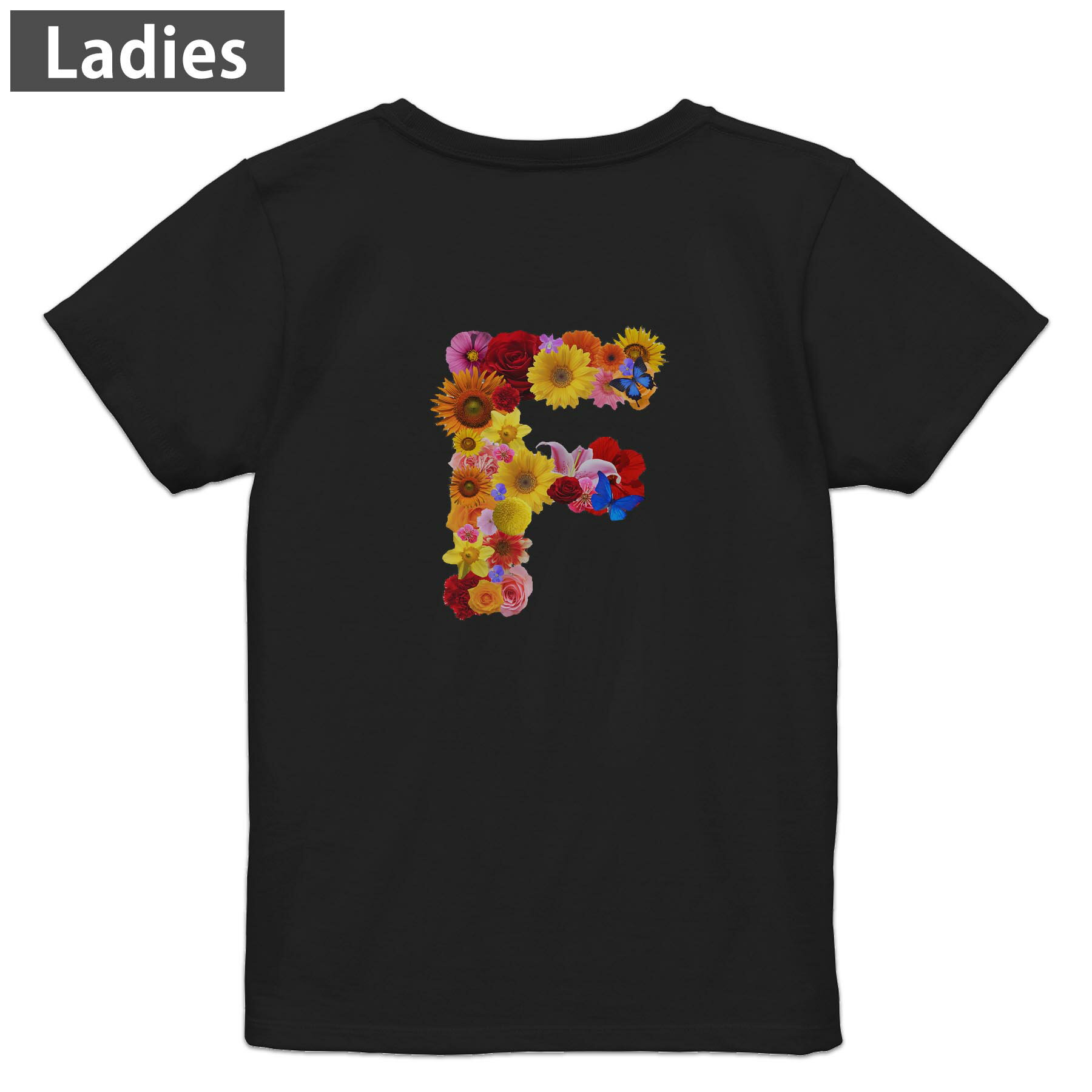 Print - Tシャツ レディース バックプリント 半袖 ブラック 黒 デザイン M L tシャツ ティーシャツ T shirt 019311 文字 f アルファベット