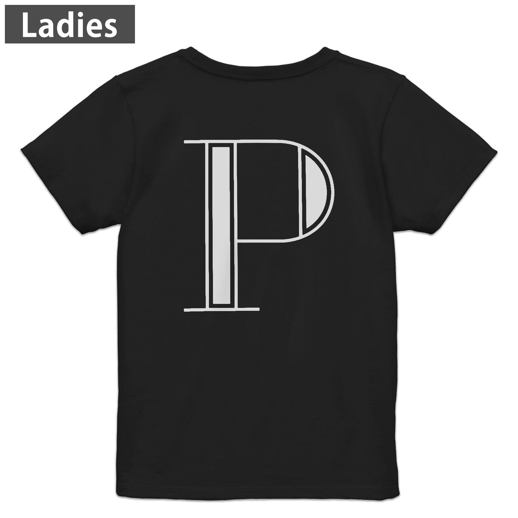 Tシャツ レディース バックプリント 半袖 ブラック 黒 デザイン M L tシャツ ティーシャツ T shirt 019357 文字 p アルファベット