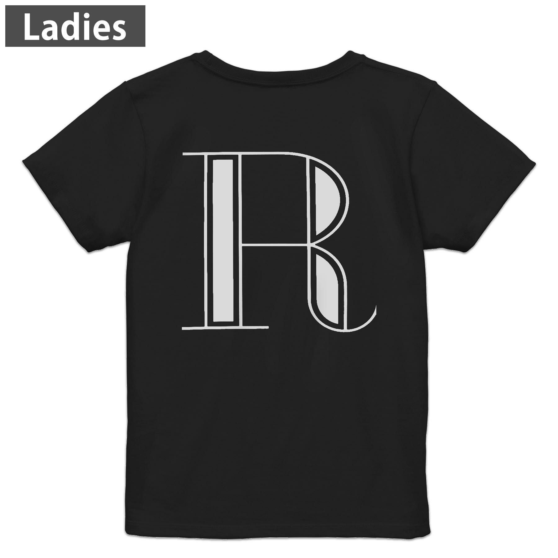 Tシャツ レディース バックプリント 半袖 ブラック 黒 デザイン M L tシャツ ティーシャツ T shirt 019359 文字 r アルファベット