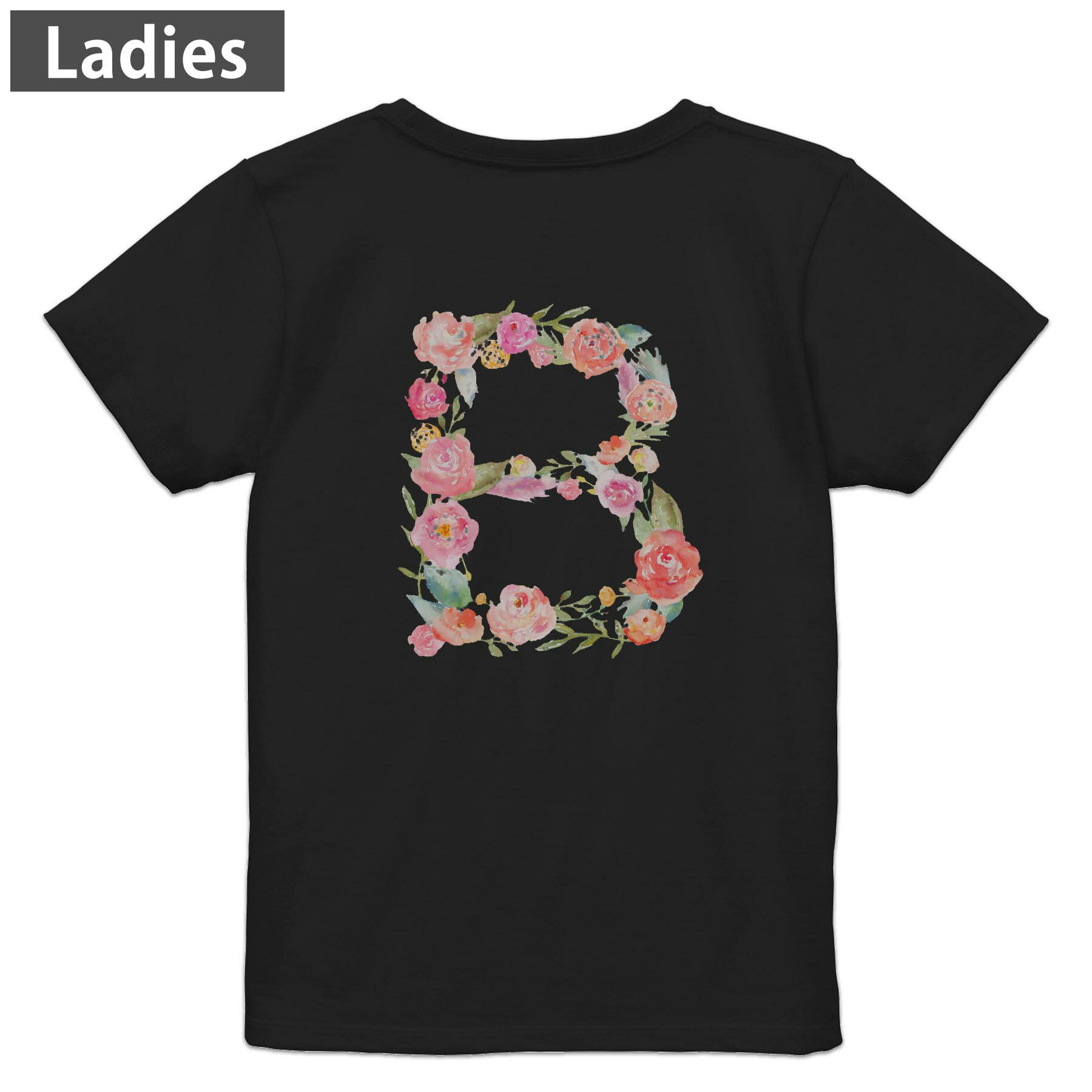 Print - Tシャツ レディース バックプリント 半袖 ブラック 黒 デザイン M L tシャツ ティーシャツ T shirt 019473 文字 b アルファベット