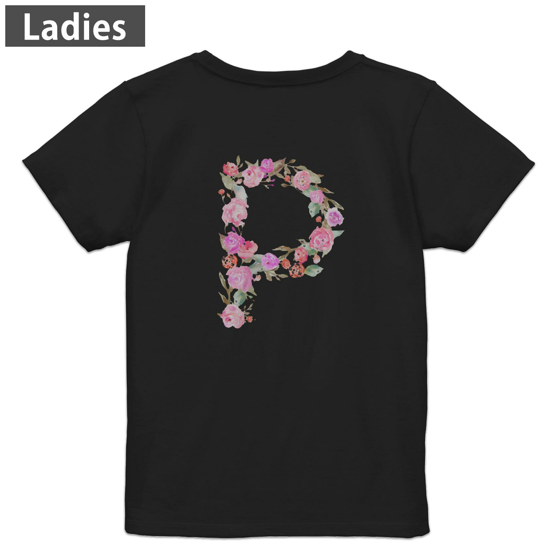 Print - Tシャツ レディース バックプリント 半袖 ブラック 黒 デザイン M L tシャツ ティーシャツ T shirt 019502 文字 p アルファベット