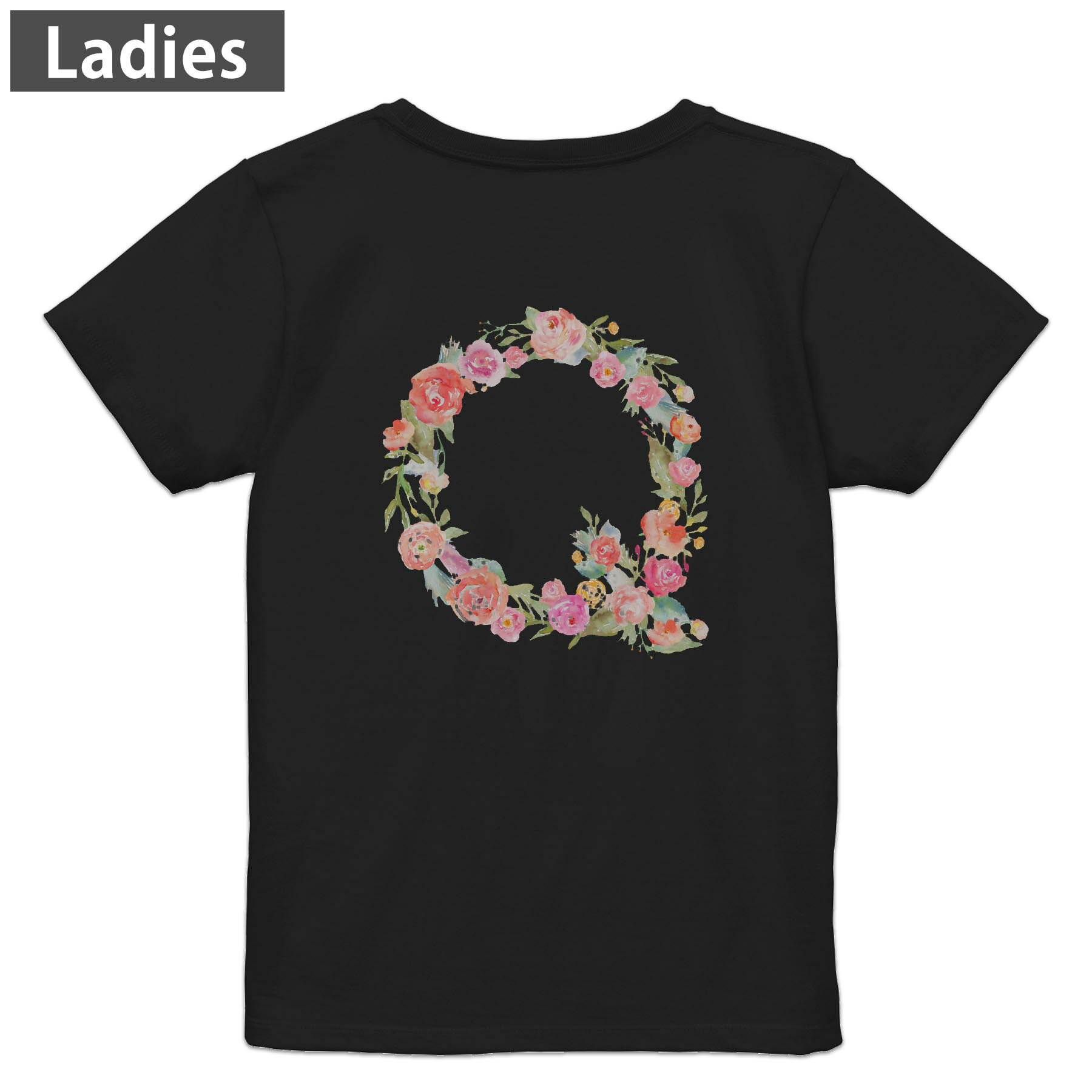 Tシャツ レディース バックプリント 半袖 ブラック 黒 デザイン M L tシャツ ティーシャツ T shirt 019503 文字 q アルファベット(4.0)