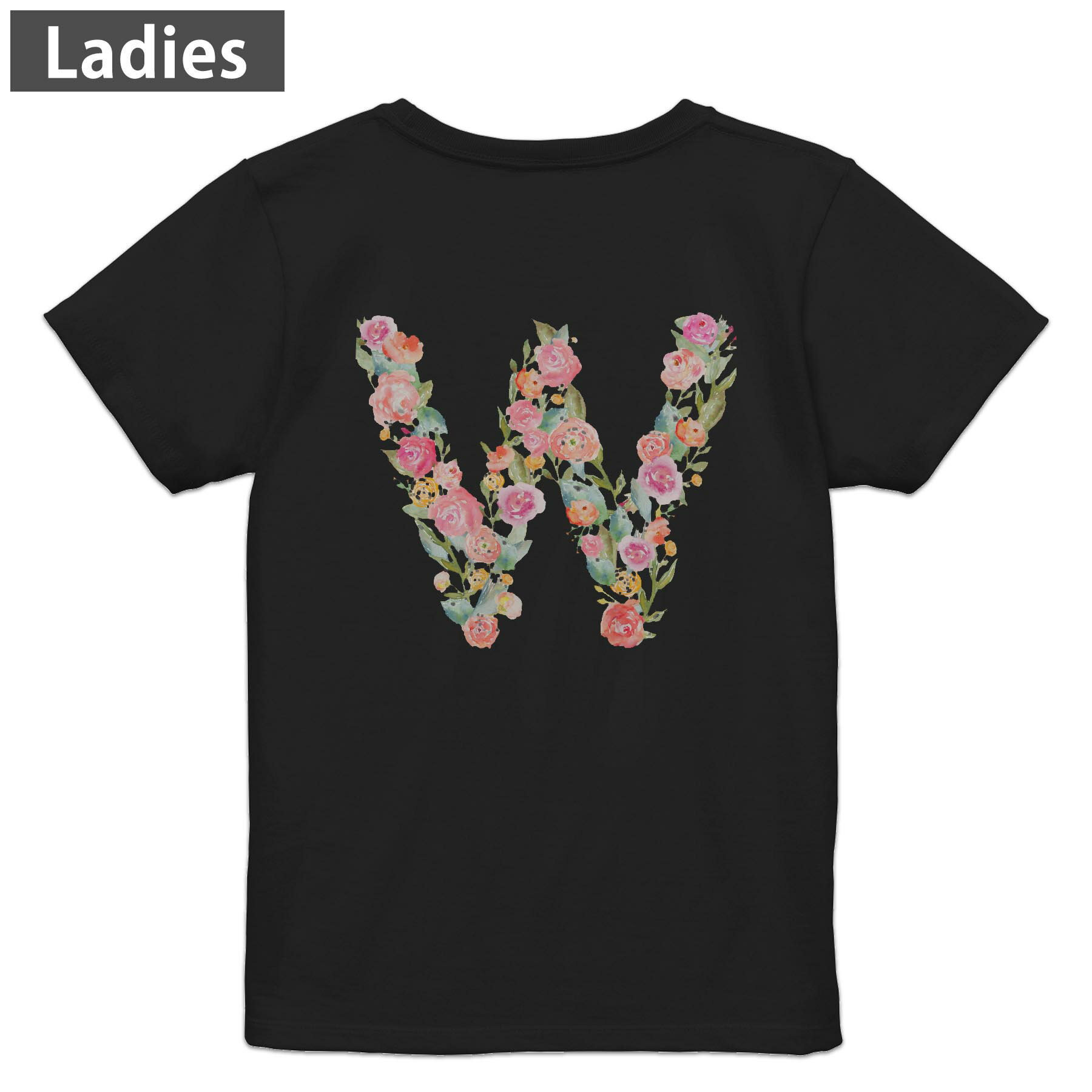 Print - Tシャツ レディース バックプリント 半袖 ブラック 黒 デザイン M L tシャツ ティーシャツ T shirt 019515 文字 w アルファベット