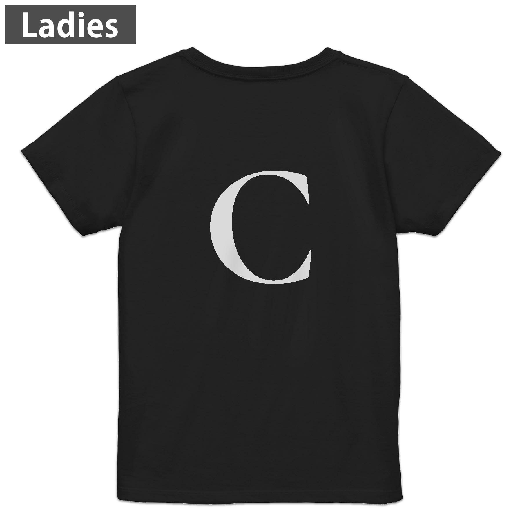 Tシャツ レディース バックプリント 半袖 ブラック 黒 デザイン M L tシャツ ティーシャツ T shirt 019536 文字 c アルファベット