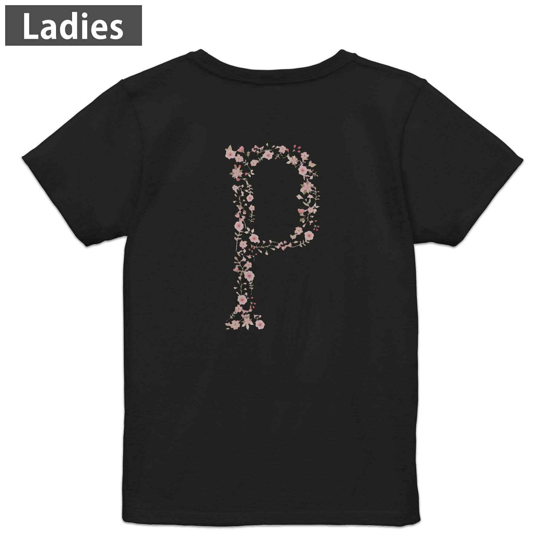 Tシャツ レディース バックプリント 半袖 ブラック 黒 デザイン M L tシャツ ティーシャツ T shirt 019576 文字 p アルファベット
