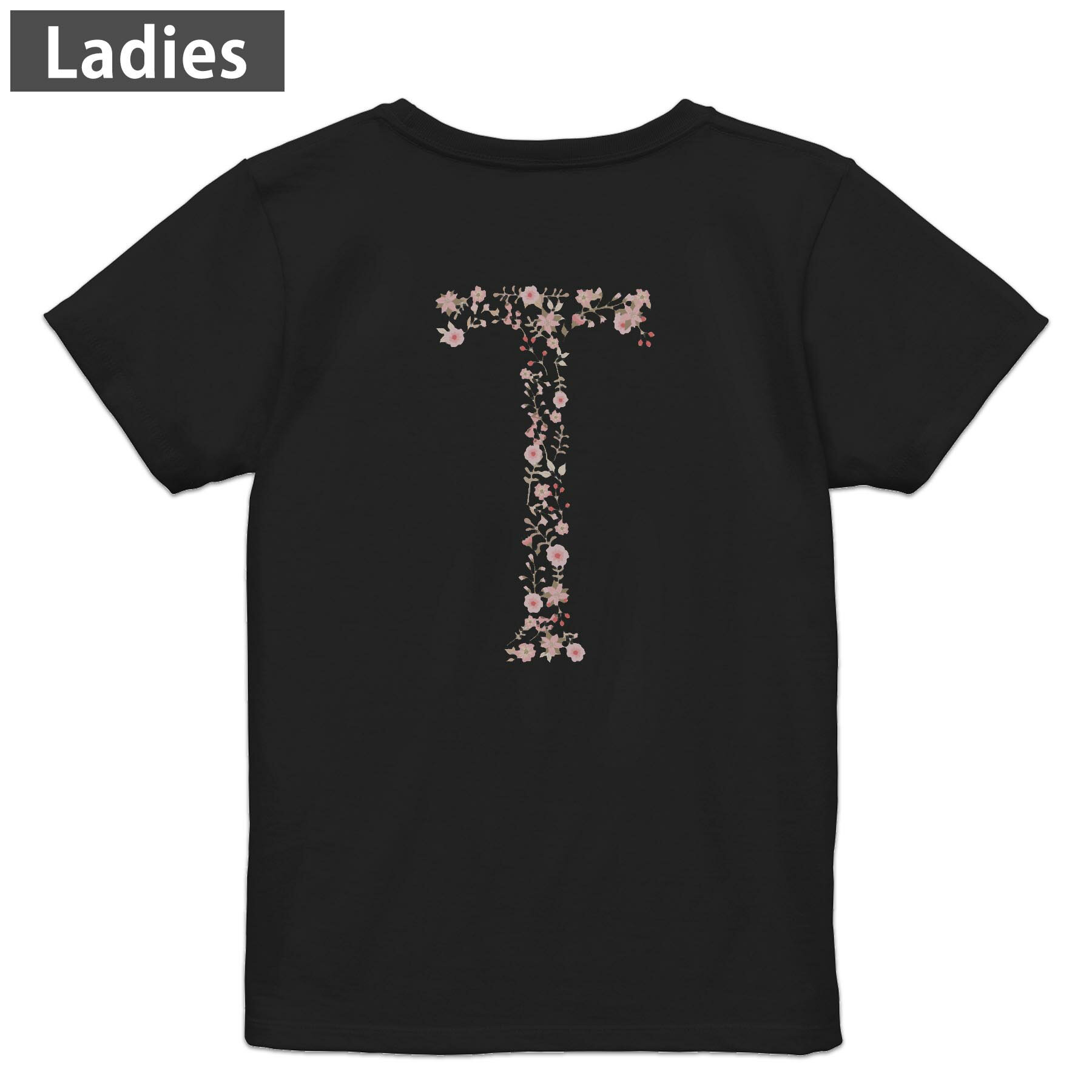 Tシャツ レディース バックプリント 半袖 ブラック 黒 デザイン M L tシャツ ティーシャツ T shirt 019581 文字 t アルファベット