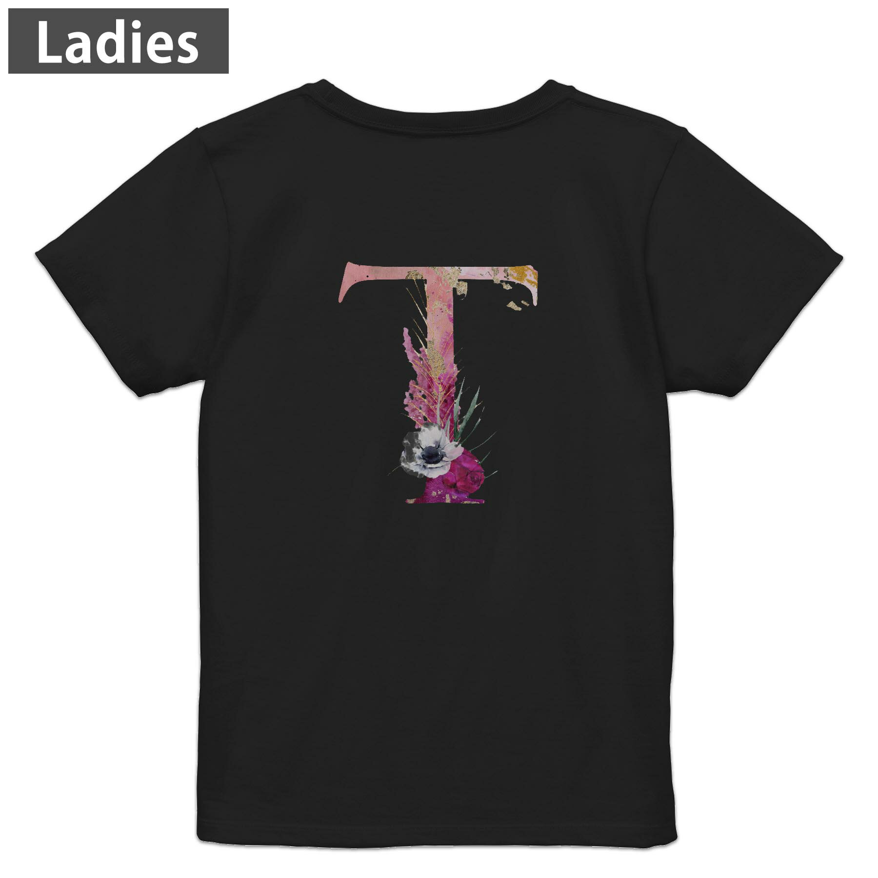 Print - Tシャツ レディース バックプリント 半袖 ブラック 黒 デザイン M L tシャツ ティーシャツ T shirt 019708 文字 t アルファベット