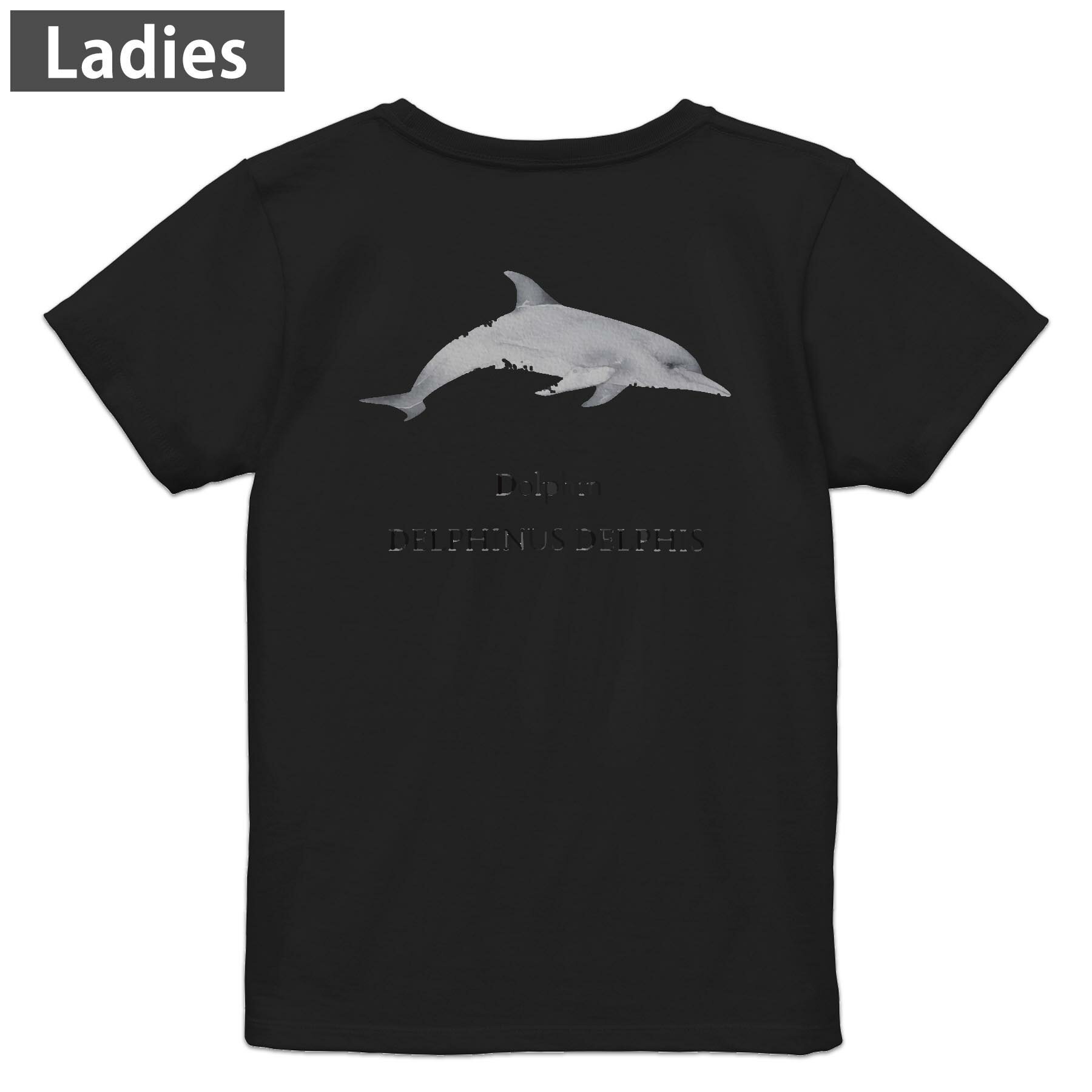 Tシャツ レディース バックプリント 半袖 ブラック 黒 デザイン M L tシャツ ティーシャツ T shirt 019748 海の生物 イルカ dolphin(4.0)