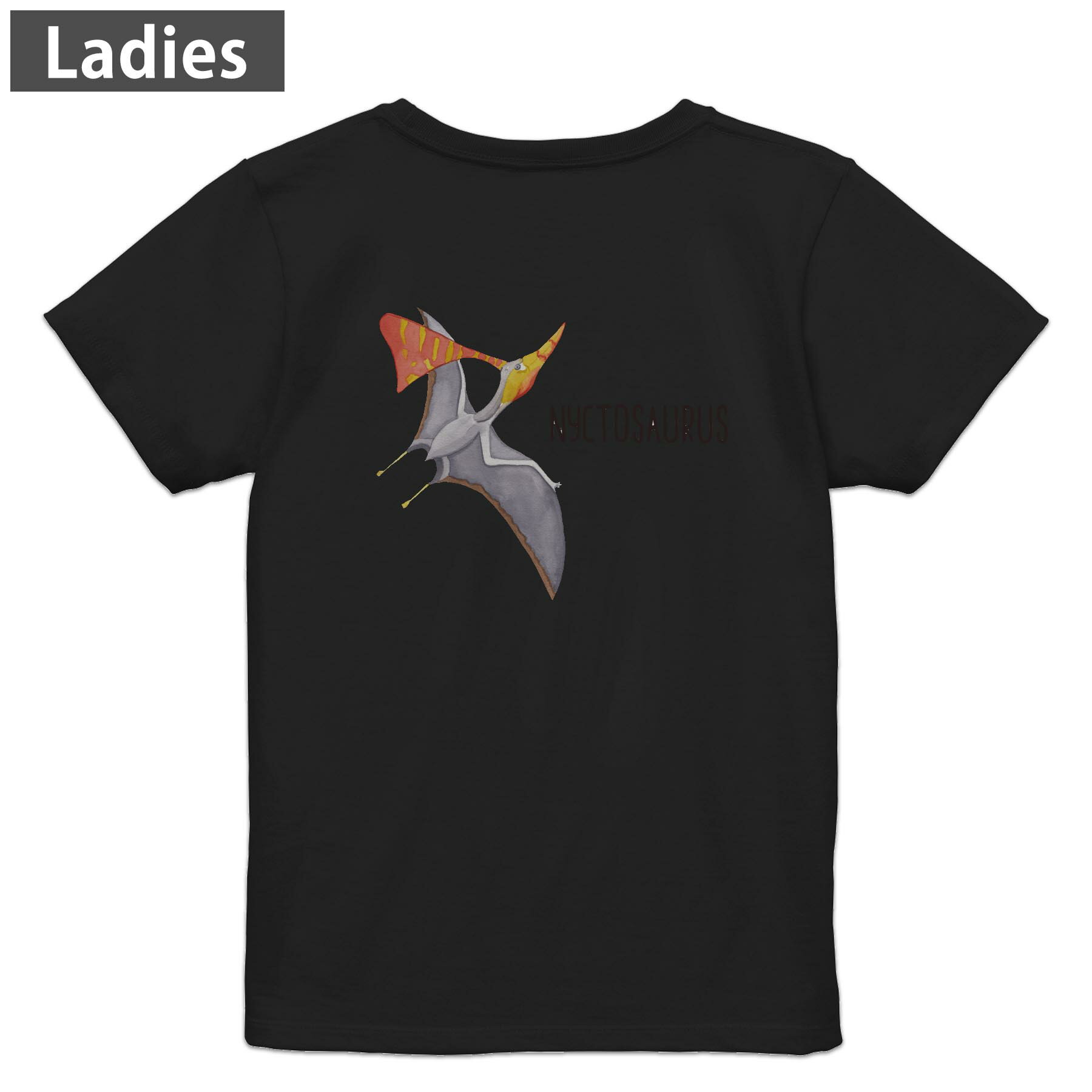 乐天商城 - Tシャツ レディース バックプリント 半袖 ブラック 黒 デザイン M L tシャツ ティーシャツ T shirt 019821 恐竜 Nyctosaurus ニクトサウルス