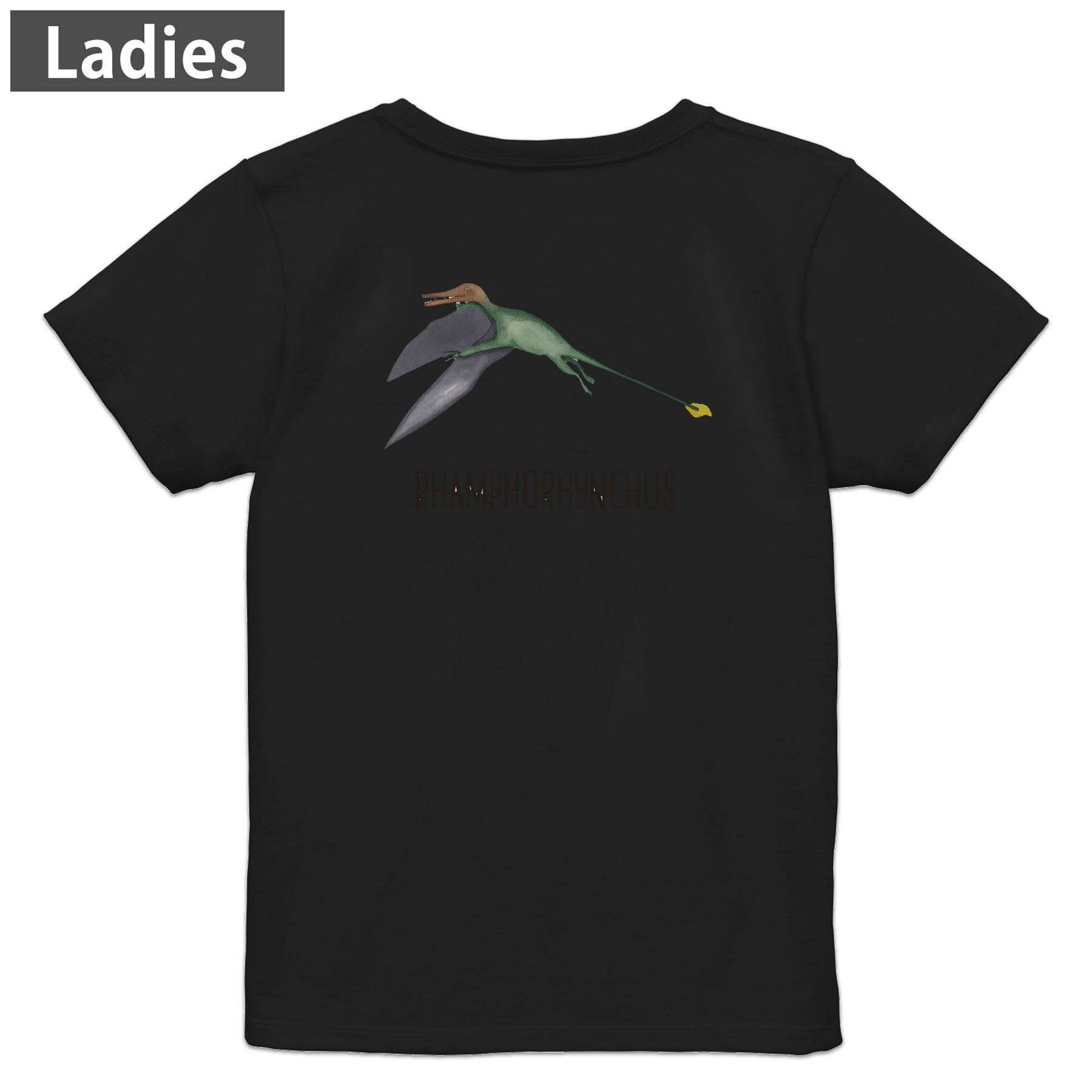 Print - Tシャツ レディース バックプリント 半袖 ブラック 黒 デザイン M L tシャツ ティーシャツ T shirt 019825 恐竜 Rhamphorhynchus ランフォリンクス