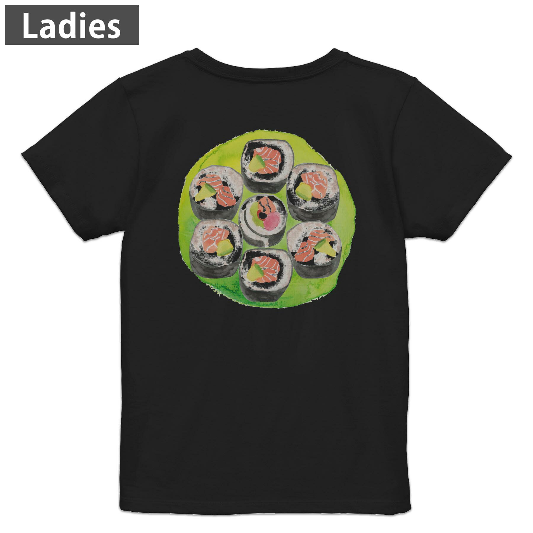 美国休闲服 - Tシャツ レディース バックプリント 半袖 ブラック 黒 デザイン M L tシャツ ティーシャツ T shirt 019884 お寿司 Sushi ご飯