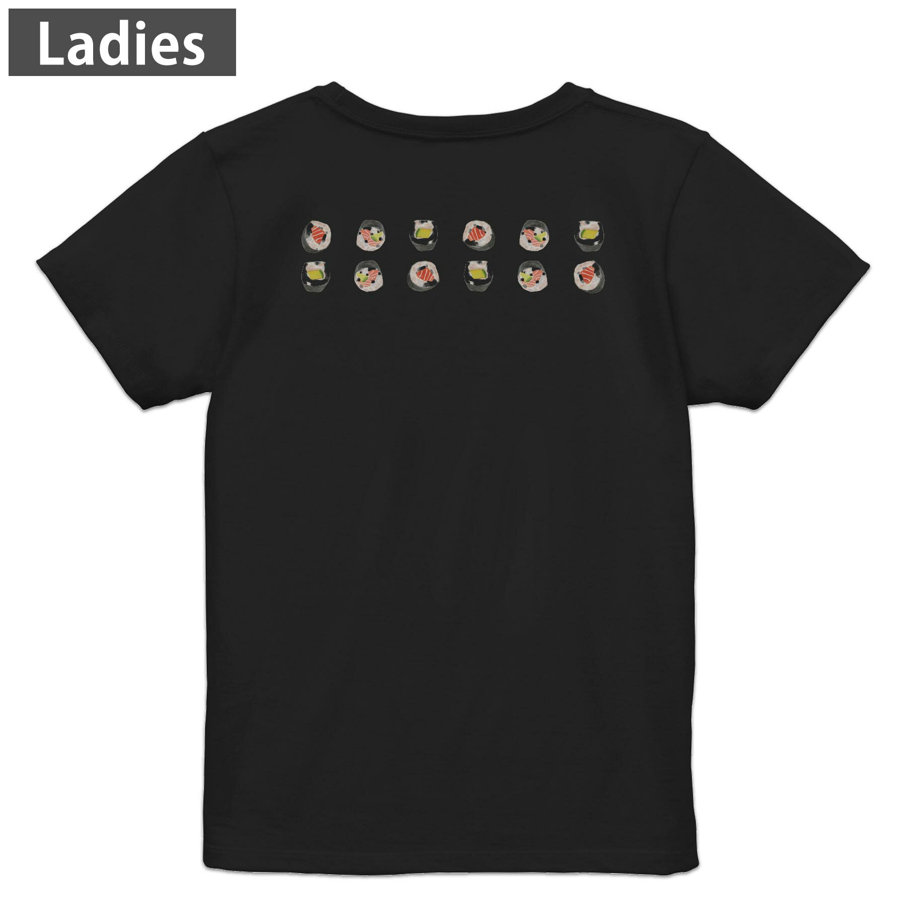 Tシャツ レディース バックプリント 半袖 ブラック 黒 デザイン M L tシャツ ティーシャツ T shirt 019913 お寿司 Sushi ご飯
