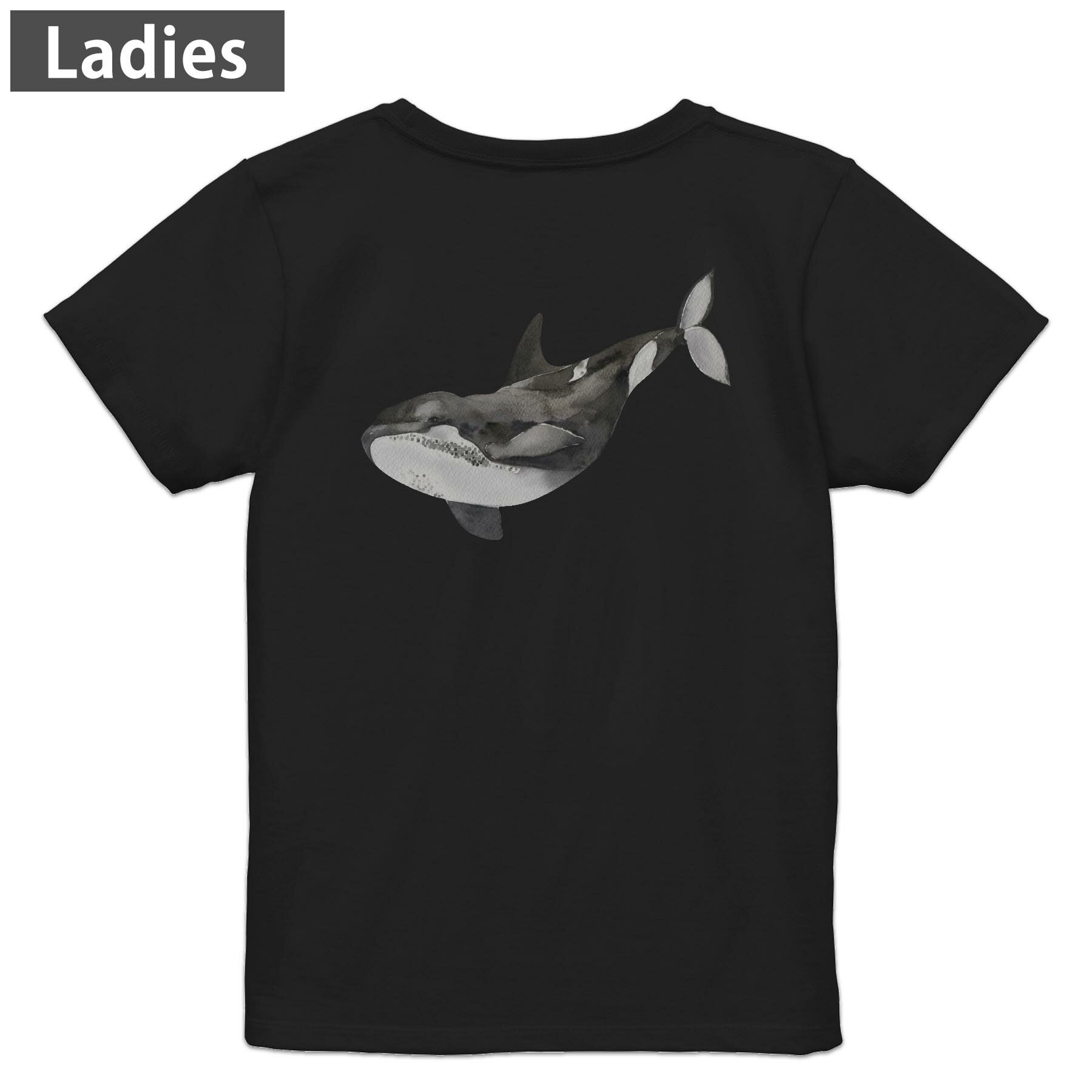 Print - Tシャツ レディース バックプリント 半袖 ブラック 黒 デザイン M L tシャツ ティーシャツ T shirt 019925 海の生物 シャチ