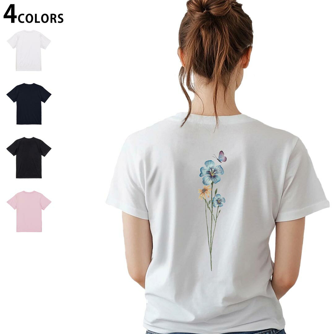 Garments - レディース バックプリント Tシャツ 半袖 綿100％ カットソー プリント オリジナル デザイン 選べる4カラー M L 032216 フラワー