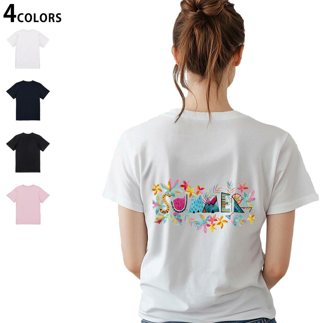 レディース バックプリント Tシャツ 半袖 綿100％ カットソー プリント オリジナル デザイン 選べる4カラー M L 014053 スイカ　　トロピカル