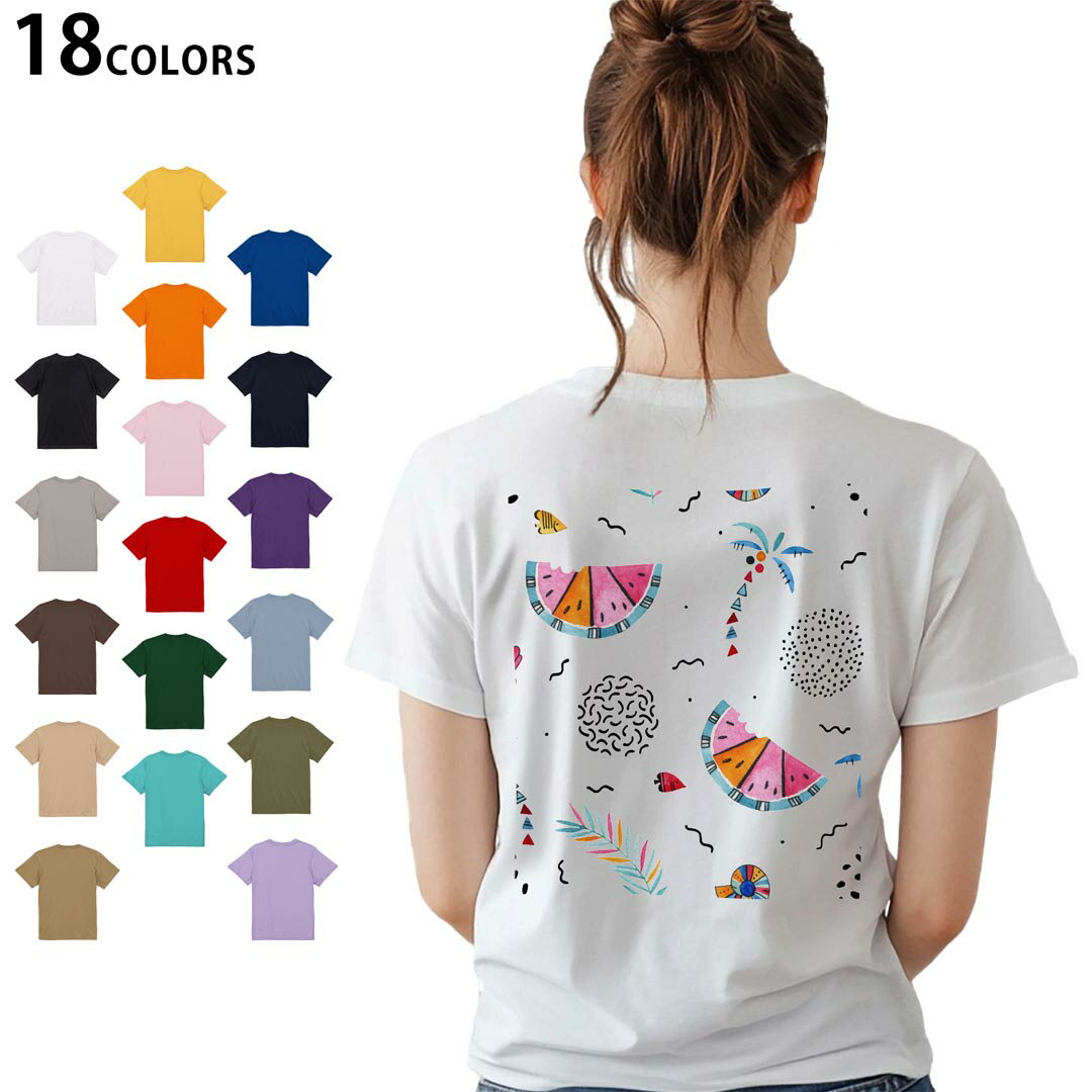 選べる18カラー Tシャツ レディース 半袖 ホワイト グレー デザイン M L Tシャツ ティーシャツ T shirt 014344 ヤシの木 スイカ トロピカル