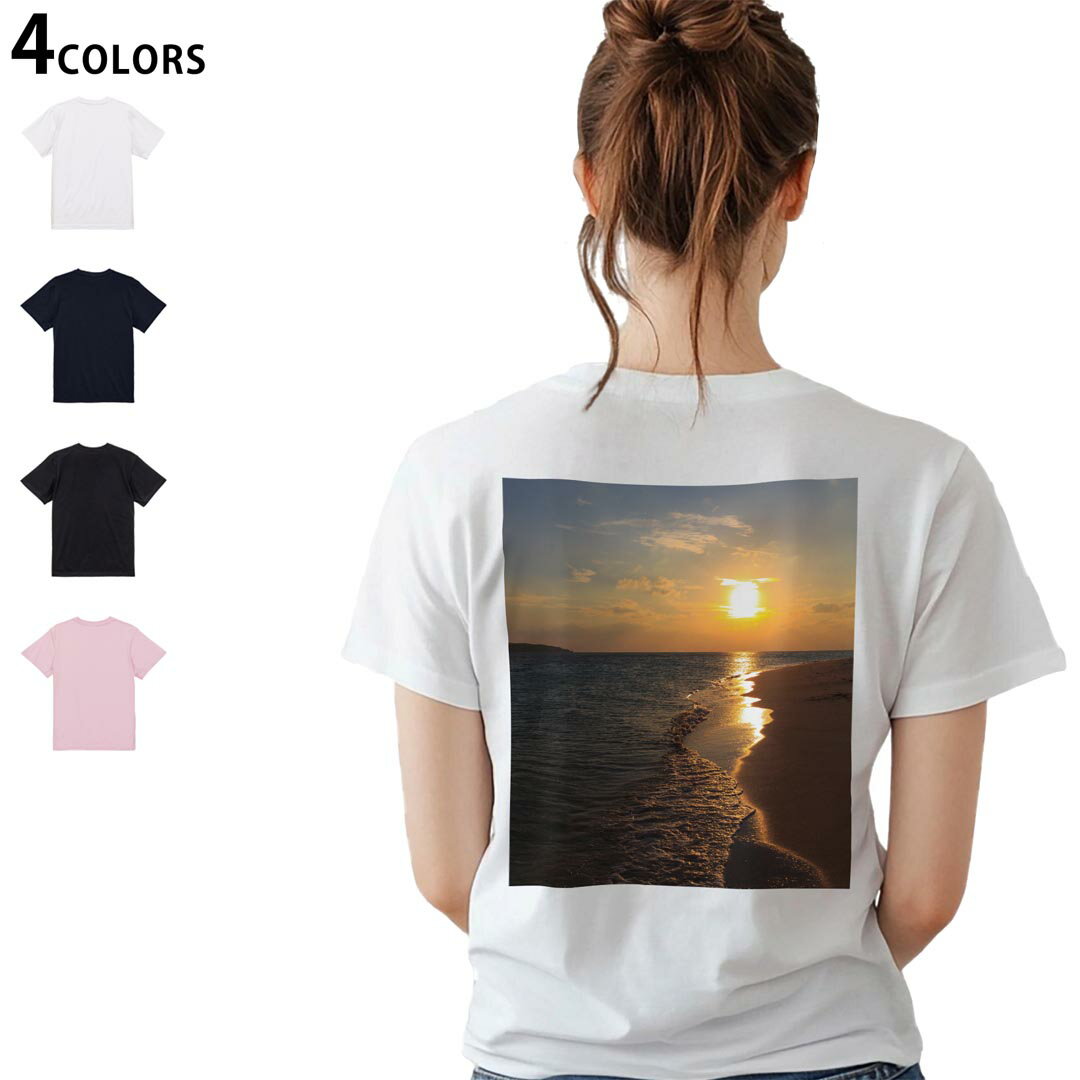 其它 - レディース バックプリント Tシャツ 半袖 綿100％ カットソー プリント オリジナル デザイン 選べる4カラー M L 014558 海　浜辺　写真