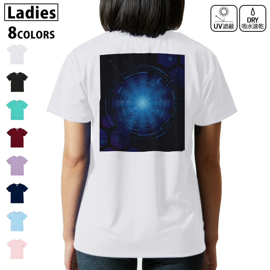 ドライ Tシャツ バックプリント 選べる8カラー tシャツ レディース 半袖 速乾 紫外線遮蔽 UV デザイン 2サイズ Tシャツ ティーシャツ T shirt 006587 青 ブルー