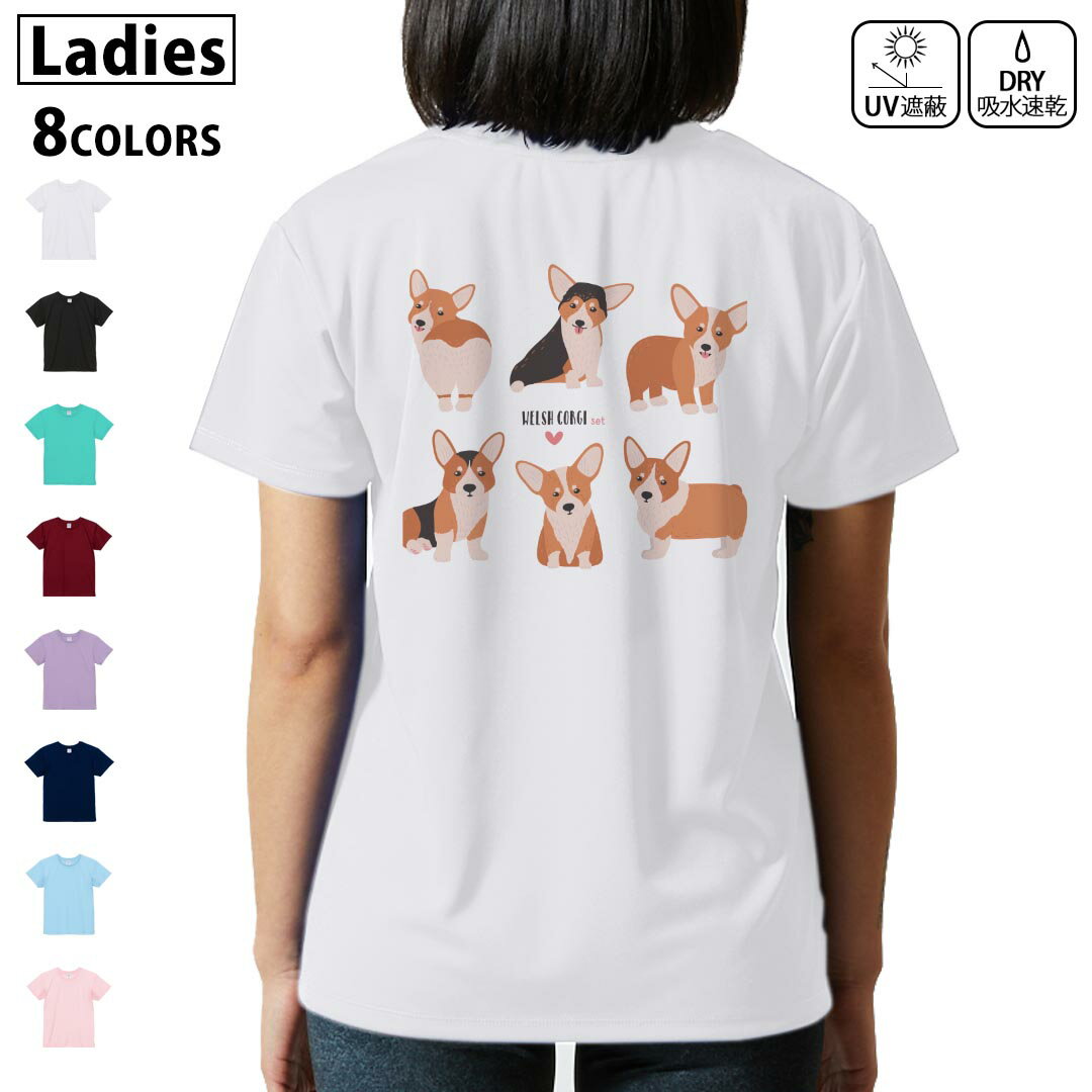 ドライ Tシャツ バックプリント 選べる8カラー tシャツ レディース 半袖 速乾 紫外線遮蔽 UV デザイン 2サイズ Tシャツ ティーシャツ T shirt　016231 犬　コーギー