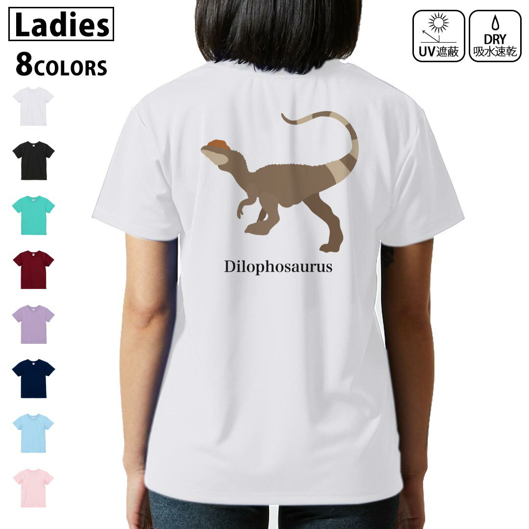 ドライ Tシャツ バックプリント 選べる8カラー tシャツ レディース 半袖 速乾 紫外線遮蔽 UV デザイン 2サイズ Tシャツ ティーシャツ T shirt　019783 恐竜 Dilophosaurus ディロフォサウルス