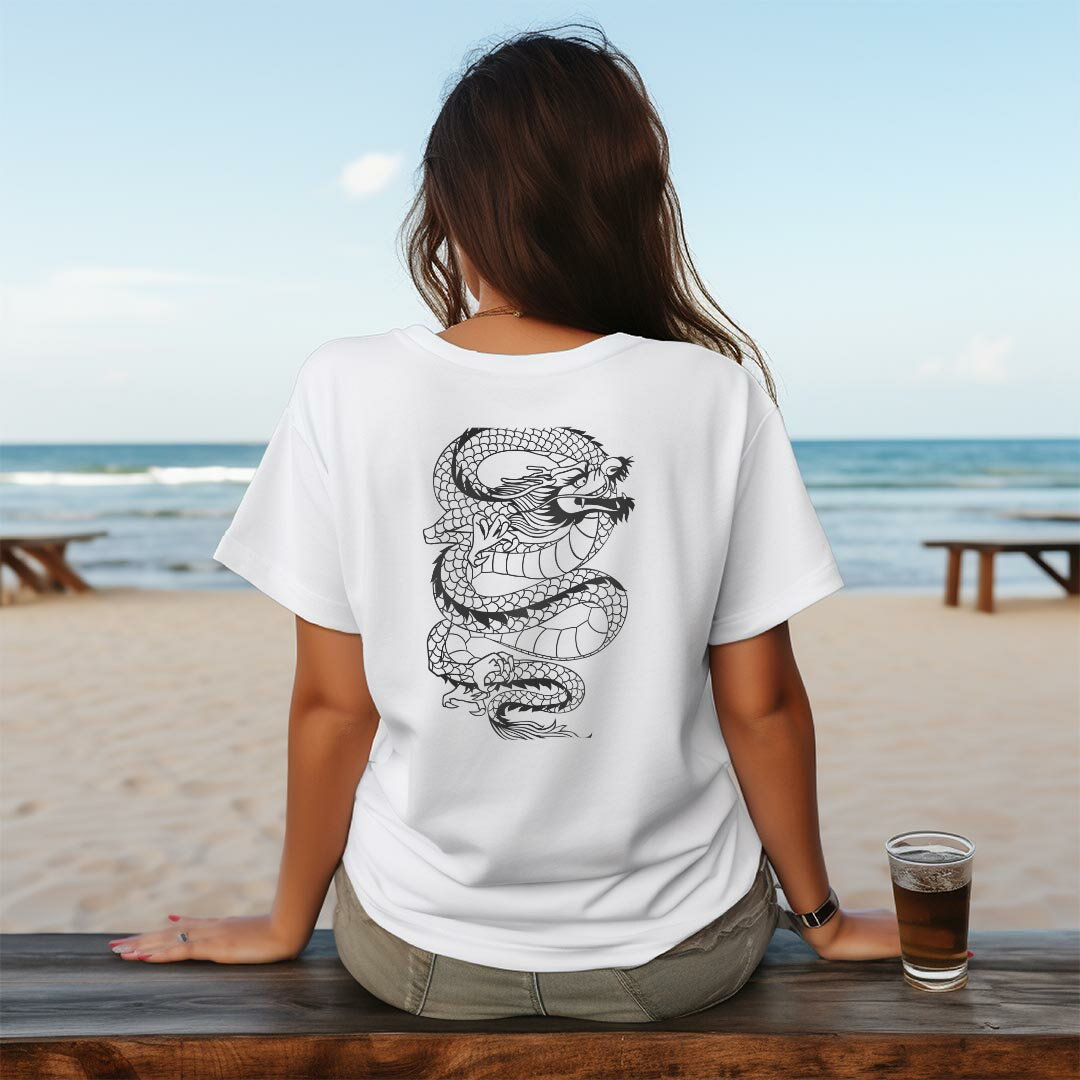 レディース ドライバックプリントTシャツ ホワイト 半袖 4.1オンス ジム トレーニング スポーツ 運動会 ドライアスレチック UVカット 紫外線遮蔽 吸水速乾 デザイン Tshirt M L 000894 龍　ドラゴン