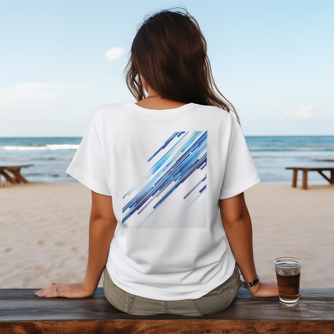 レディース ドライバックプリントTシャツ ホワイト 半袖 4.1オンス ジム トレーニング スポーツ 運動会 ドライアスレチック UVカット 紫外線遮蔽 吸水速乾 デザイン Tshirt M L 003326 シンプル　青　白