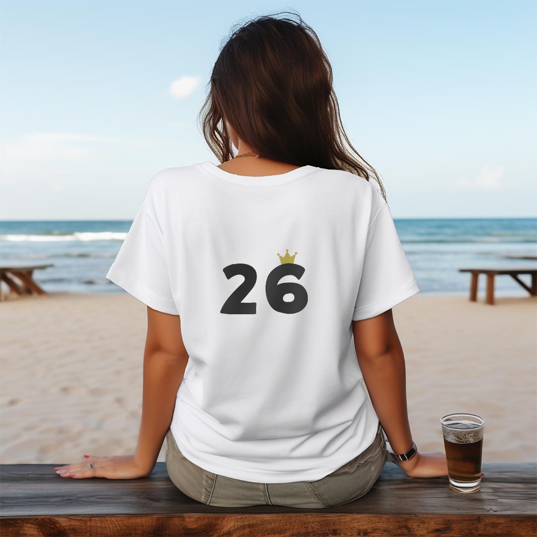 レディース ドライバックプリントTシャツ ホワイト 半袖 4.1オンス ジム トレーニング スポーツ 運動会 ドライアスレチック UVカット 紫外線遮蔽 吸水速乾 デザイン Tshirt M L 031957 誕生日 記念日 26 歳
