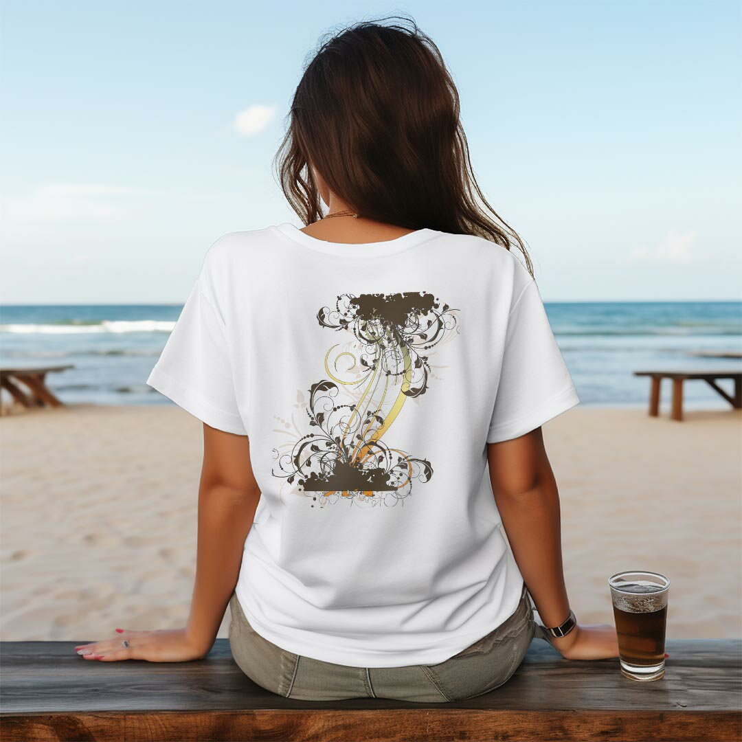 レディース ドライバックプリントTシャツ ホワイト 半袖 4.1オンス ジム トレーニング スポーツ 運動会 ドライアスレチック UVカット 紫外線遮蔽 吸水速乾 デザイン Tshirt M L 007650 植物　黒　ブラック