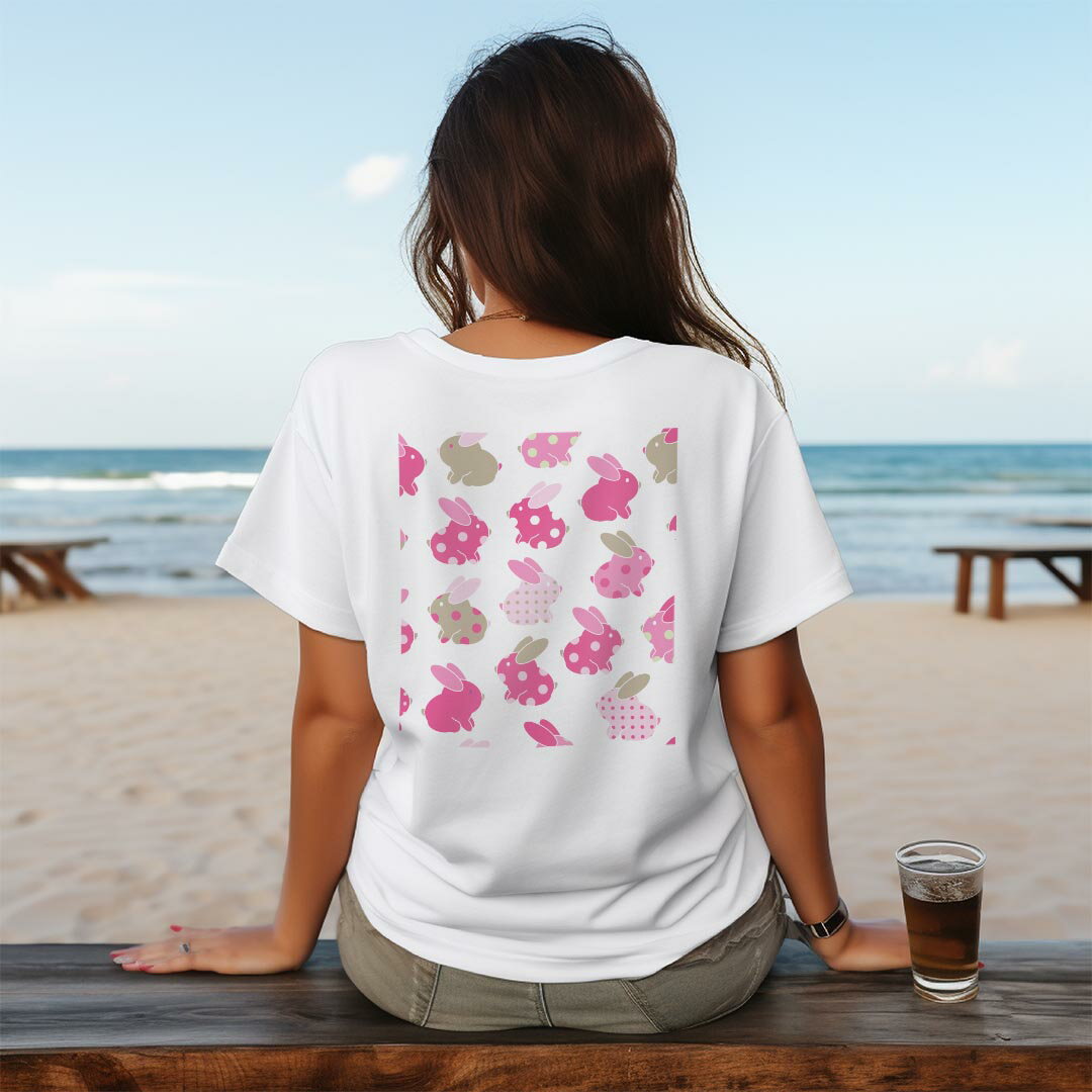 レディース ドライバックプリントTシャツ ホワイト 半袖 4.1オンス ジム トレーニング スポーツ 運動会 ドライアスレチック UVカット 紫外線遮蔽 吸水速乾 デザイン Tshirt M L 008902 うさぎ　イラスト　ピンク　水玉
