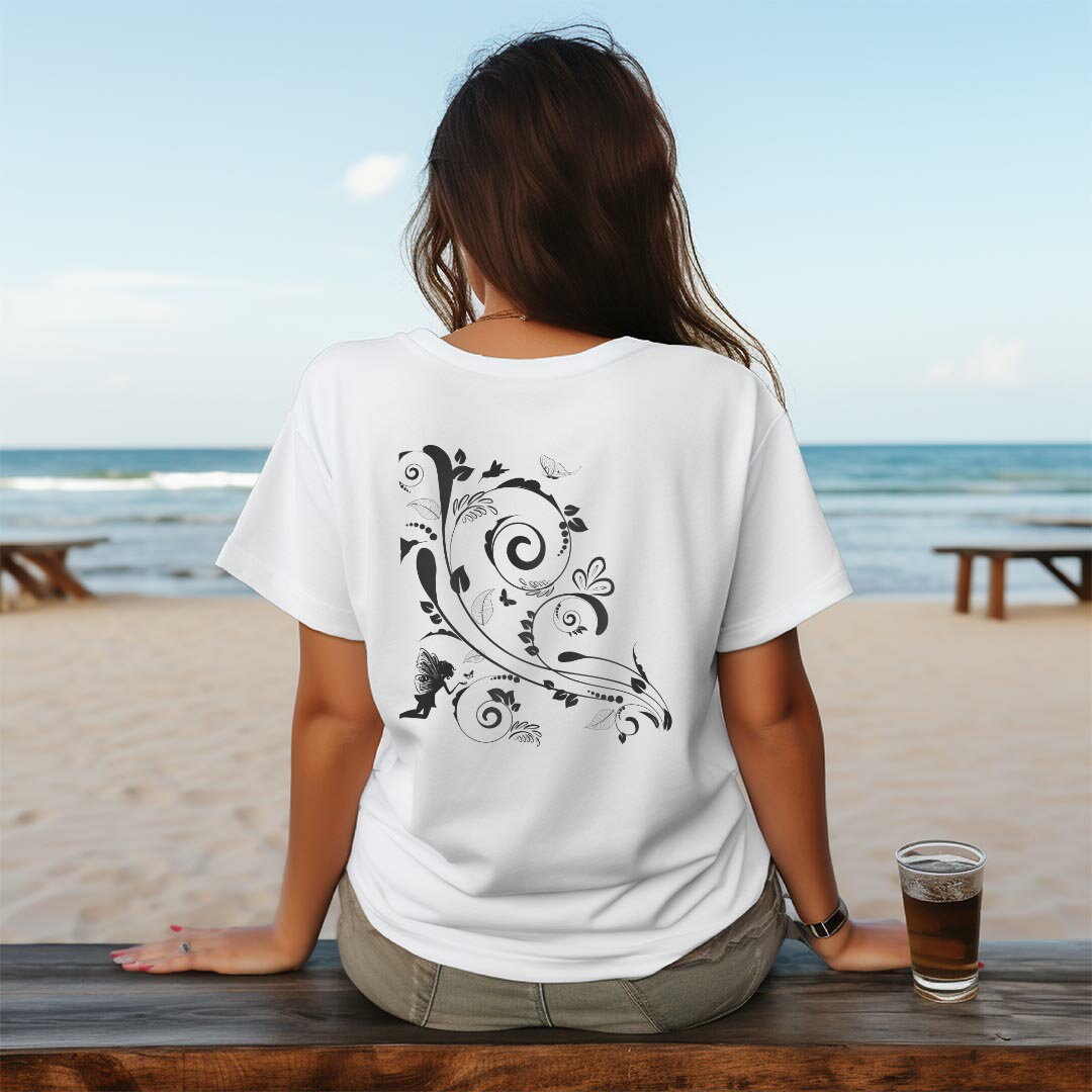 レディース ドライバックプリントTシャツ ホワイト 半袖 4.1オンス ジム トレーニング スポーツ 運動会 ドライアスレチック UVカット 紫外線遮蔽 吸水速乾 デザイン Tshirt M L 009255 植物　モノクロ　白　黒
