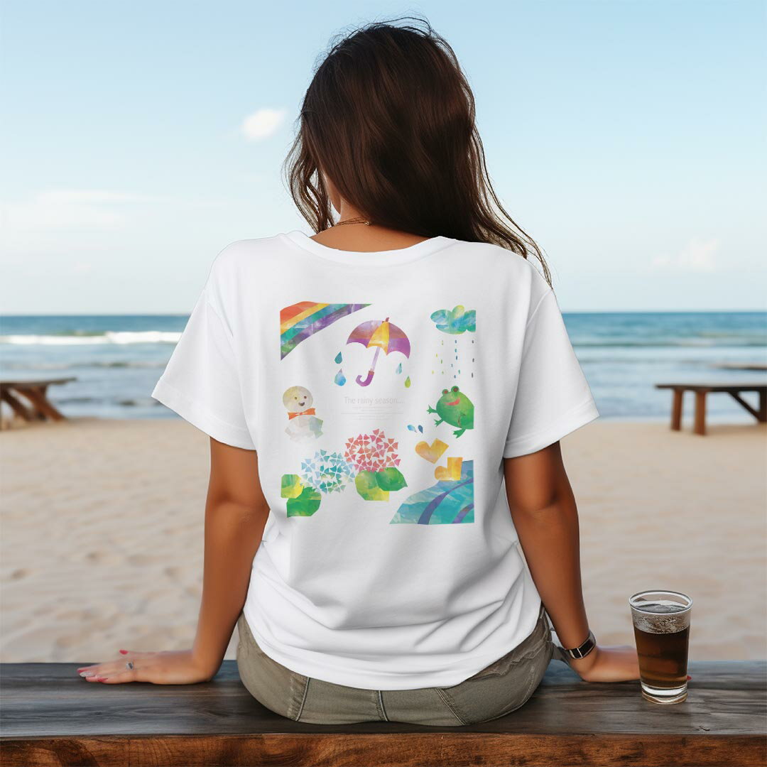 レディース ドライバックプリントTシャツ ホワイト 半袖 4.1オンス ジム トレーニング スポーツ 運動会 ドライアスレチック UVカット 紫外線遮蔽 吸水速乾 デザイン Tshirt M L 012976 雨　カエル　傘
