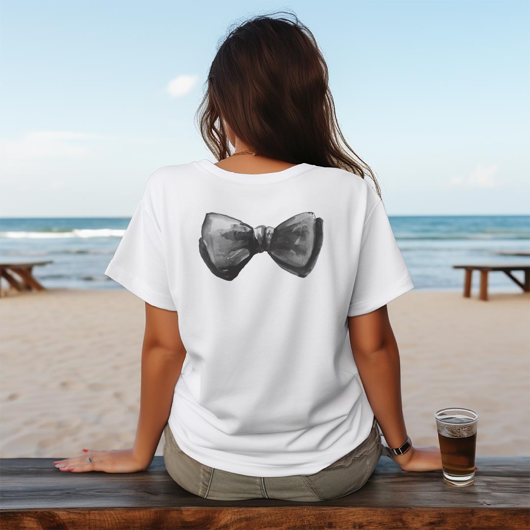 レディース ドライバックプリントTシャツ ホワイト 半袖 4.1オンス ジム トレーニング スポーツ 運動会 ドライアスレチック UVカット 紫外線遮蔽 吸水速乾 デザイン Tshirt M L 017765 蝶ネクタイ　黒　手書き風