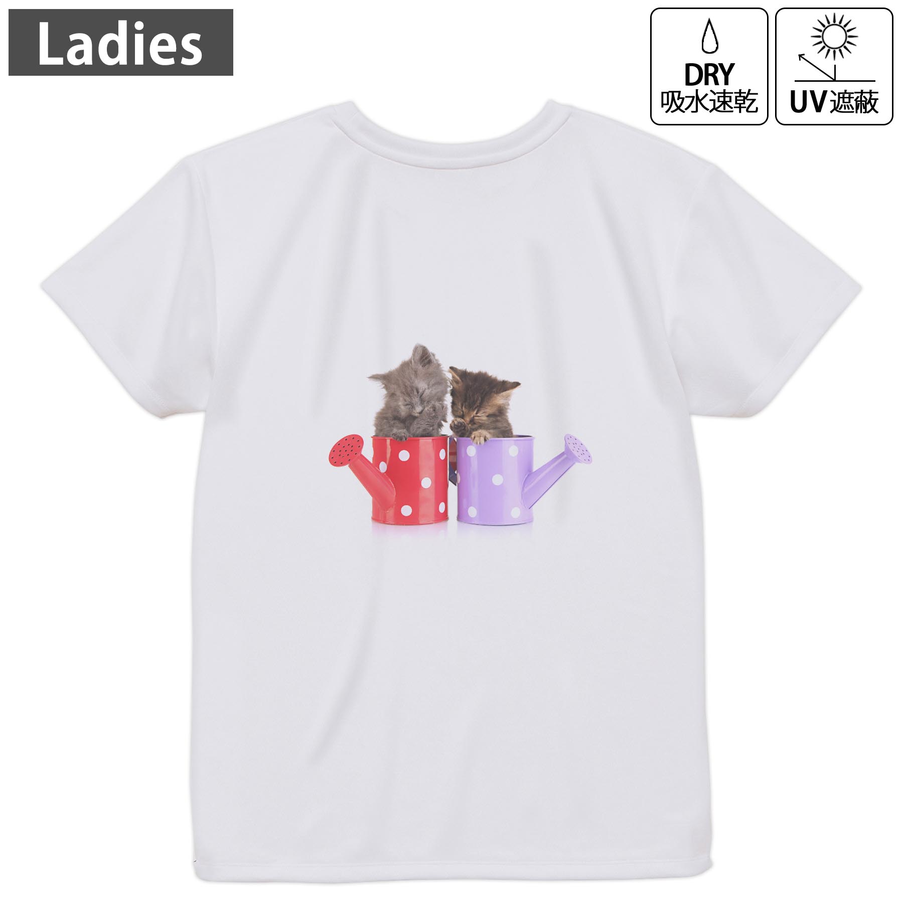 レディース ドライバックプリントTシャツ ホワイト 半袖 4.1オンス ジム トレーニング スポーツ 運動会 ドライアスレチック UVカット 紫外線遮蔽 吸水速乾 デザイン Tshirt M L 002882 猫 動物 写真