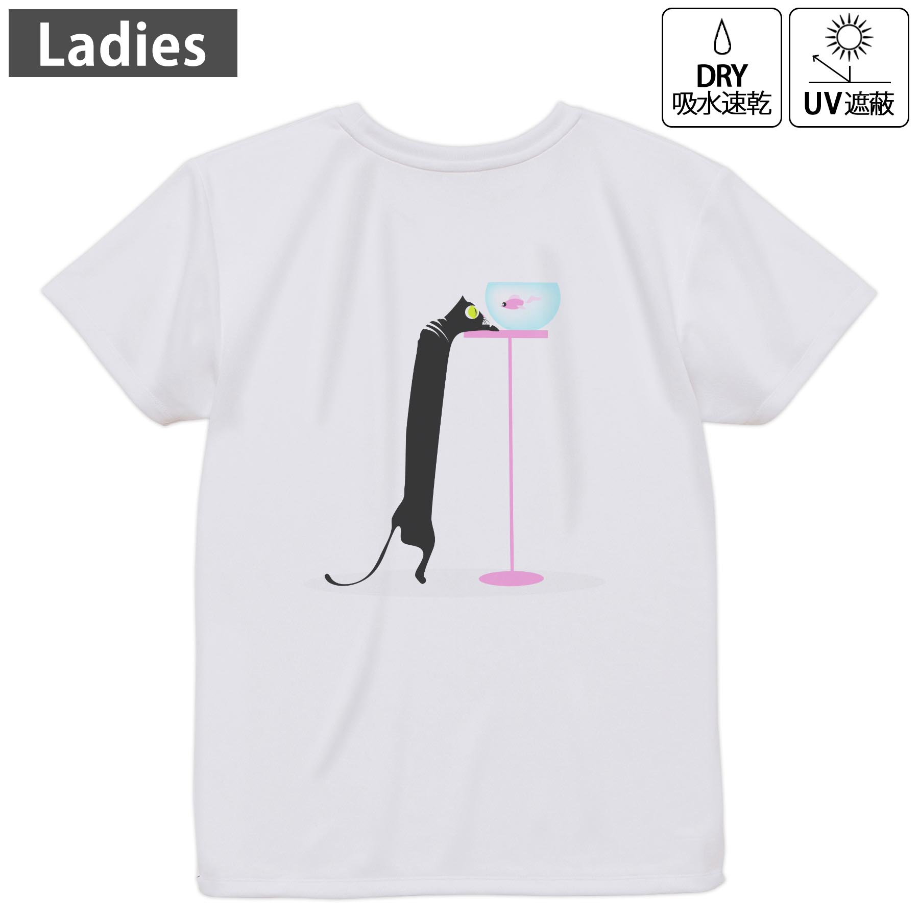 レディース ドライバックプリントTシャツ ホワイト 半袖 4.1オンス ジム トレーニング スポーツ 運動会 ドライアスレチック UVカット 紫外線遮蔽 吸水速乾 デザイン Tshirt M L 003387 猫　動物　キャラクター