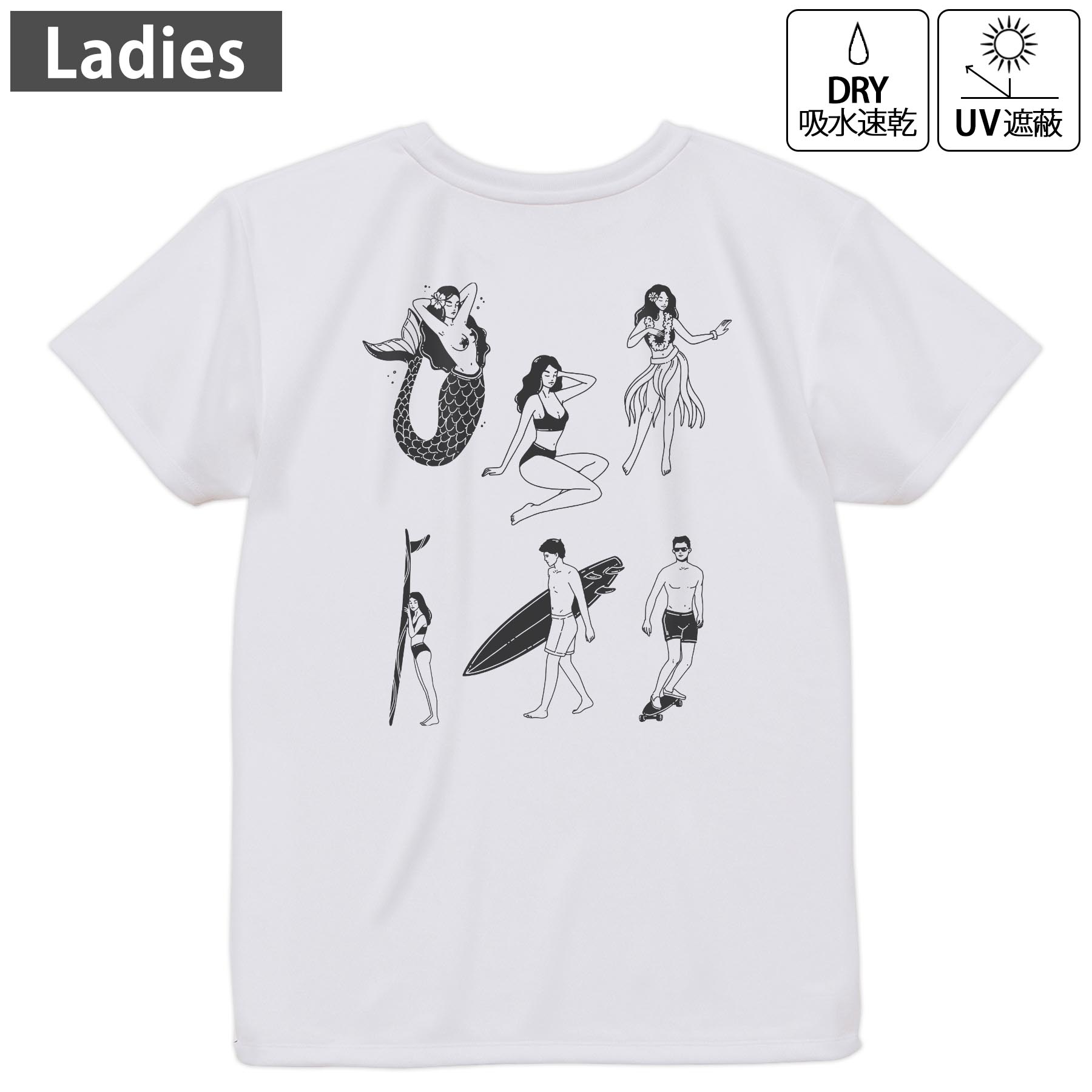 レディース ドライバックプリントTシャツ ホワイト 半袖 4.1オンス ジム トレーニング スポーツ 運動会 ドライアスレチック UVカット 紫外線遮蔽 吸水速乾 デザイン Tshirt M L 032173 サーフィン(4.0)