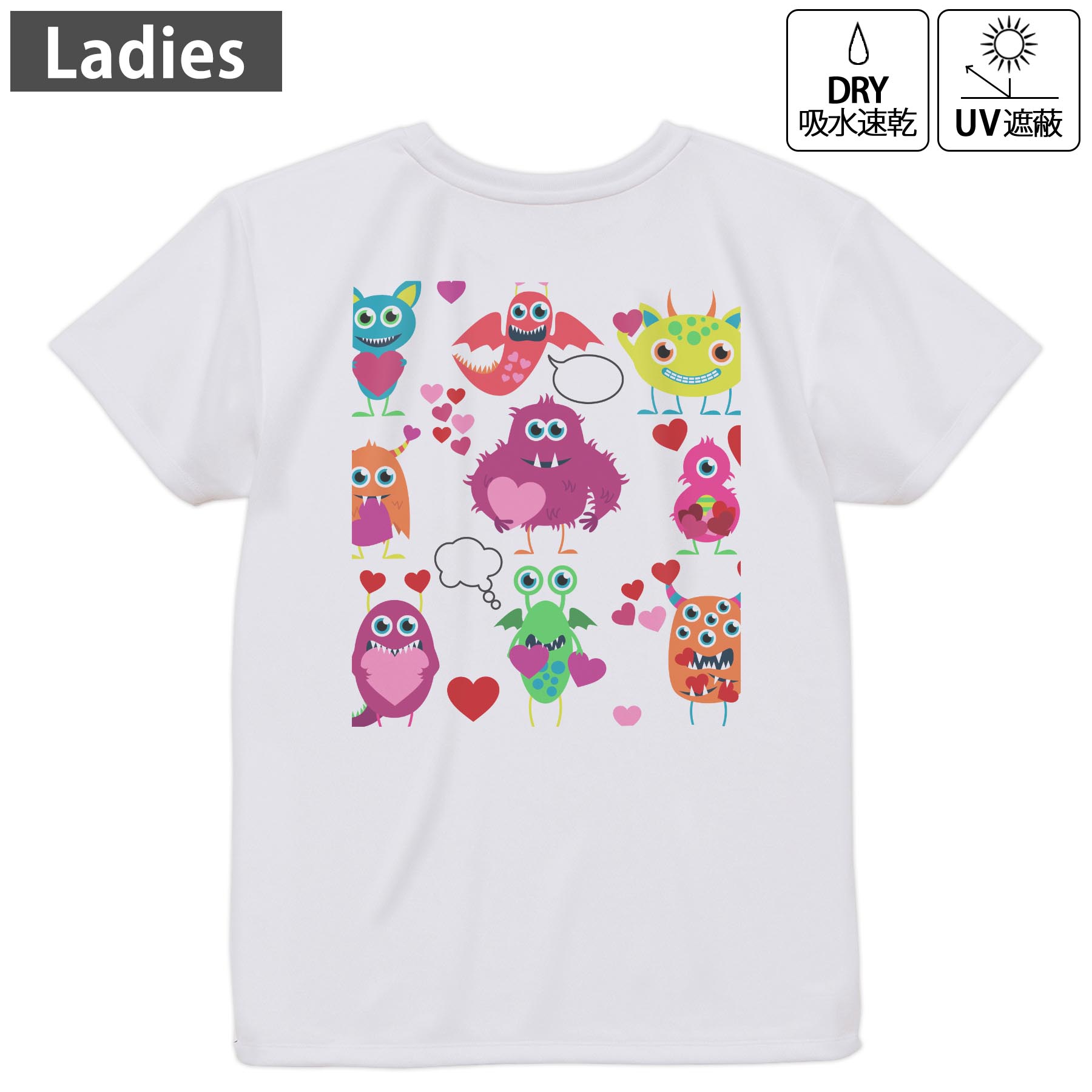 レディース ドライバックプリントTシャツ ホワイト 半袖 4.1オンス ジム トレーニング スポーツ 運動会 ドライアスレチック UVカット 紫外線遮蔽 吸水速乾 デザイン Tshirt M L 005746 モンスター キャラクター