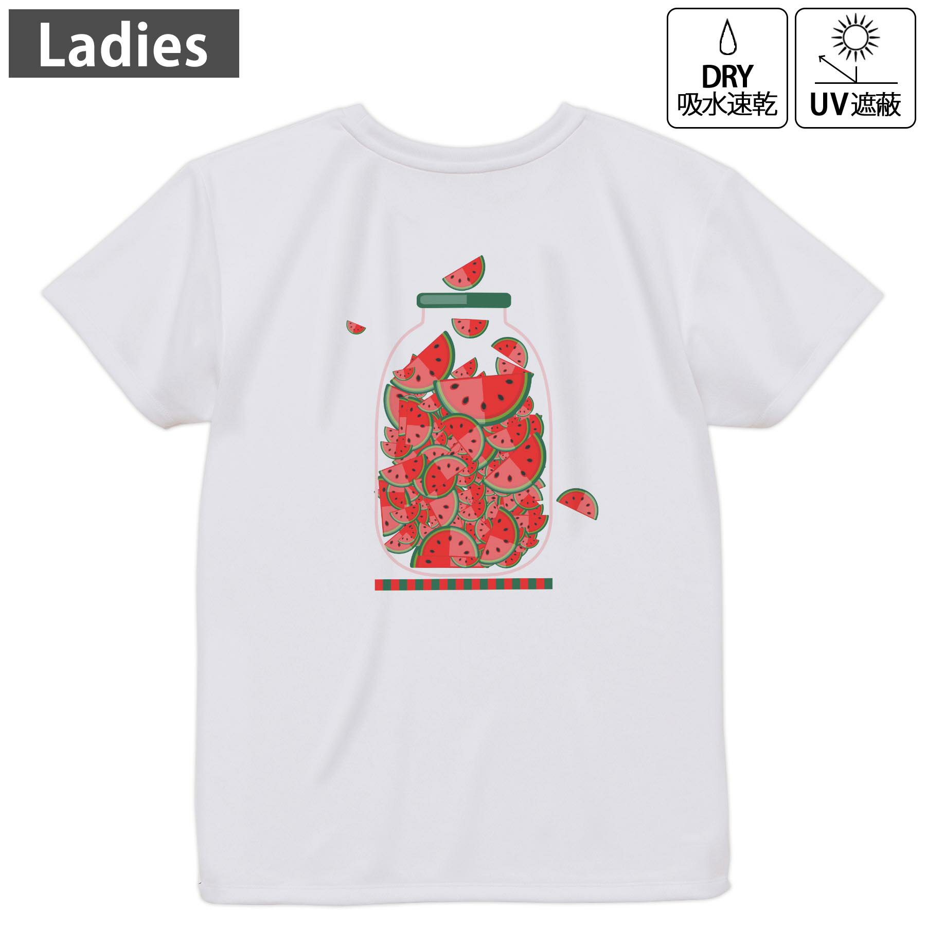 レディース ドライバックプリントTシャツ ホワイト 半袖 4.1オンス ジム トレーニング スポーツ 運動会 ドライアスレチック UVカット 紫外線遮蔽 吸水速乾 デザイン Tshirt M L 009177 果物 赤 スイカ