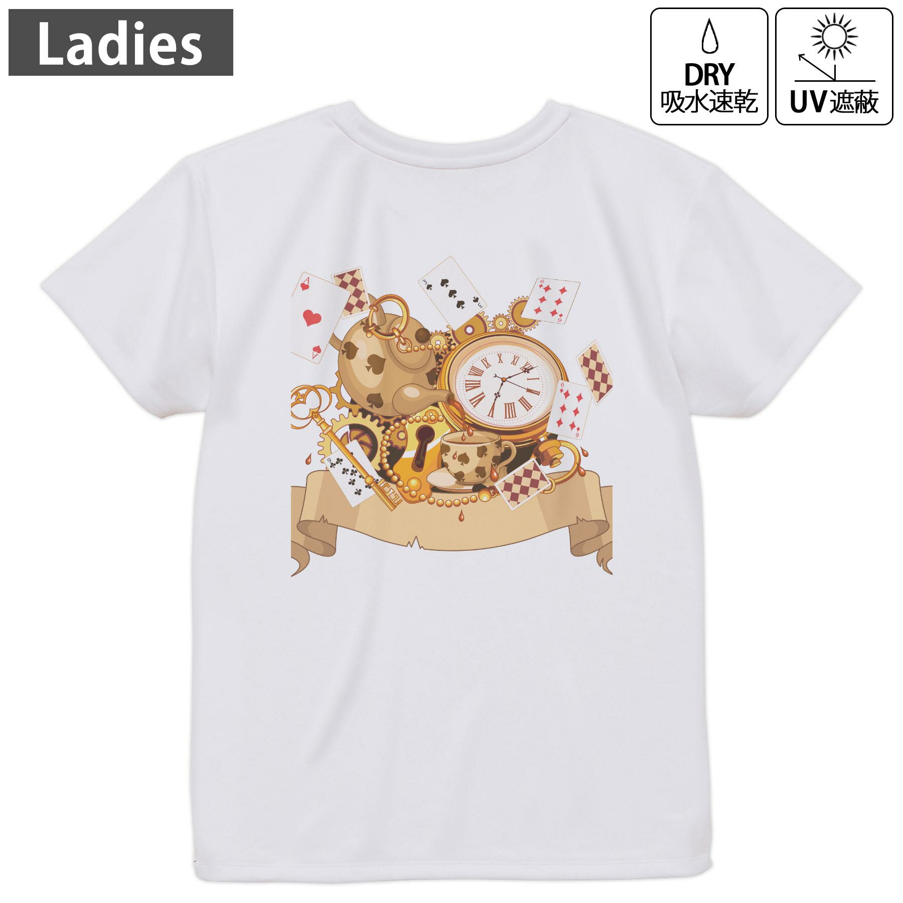 レディース ドライバックプリントTシャツ ホワイト 半袖 4.1オンス ジム トレーニング スポーツ 運動会 ドライアスレチック UVカット 紫外線遮蔽 吸水速乾 デザイン Tshirt M L 009263 トランプ　ハート　アンティーク