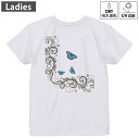 レディース ドライバックプリントTシャツ ホワイト 半袖 4.1オンス ジム トレーニング スポーツ 運動会 ドライアスレチック UVカット 紫外線遮蔽 吸水速乾 デザイン Tshirt M L 009684 蝶 青(4)