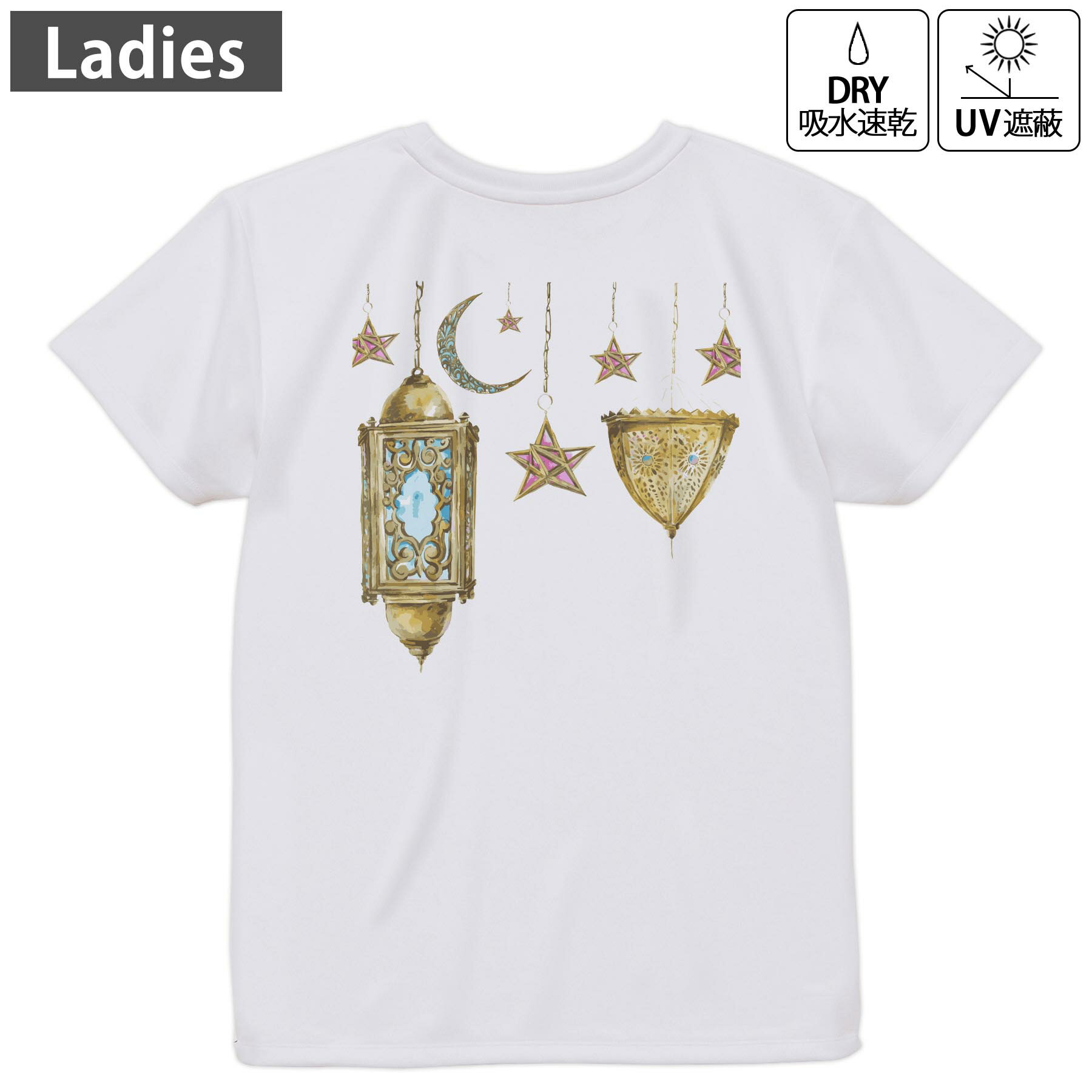 レディース ドライバックプリントTシャツ ホワイト 半袖 4.1オンス ジム トレーニング スポーツ 運動会 ドライアスレチック UVカット 紫外線遮蔽 吸水速乾 デザイン Tshirt M L 009705 アンティーク 星 月