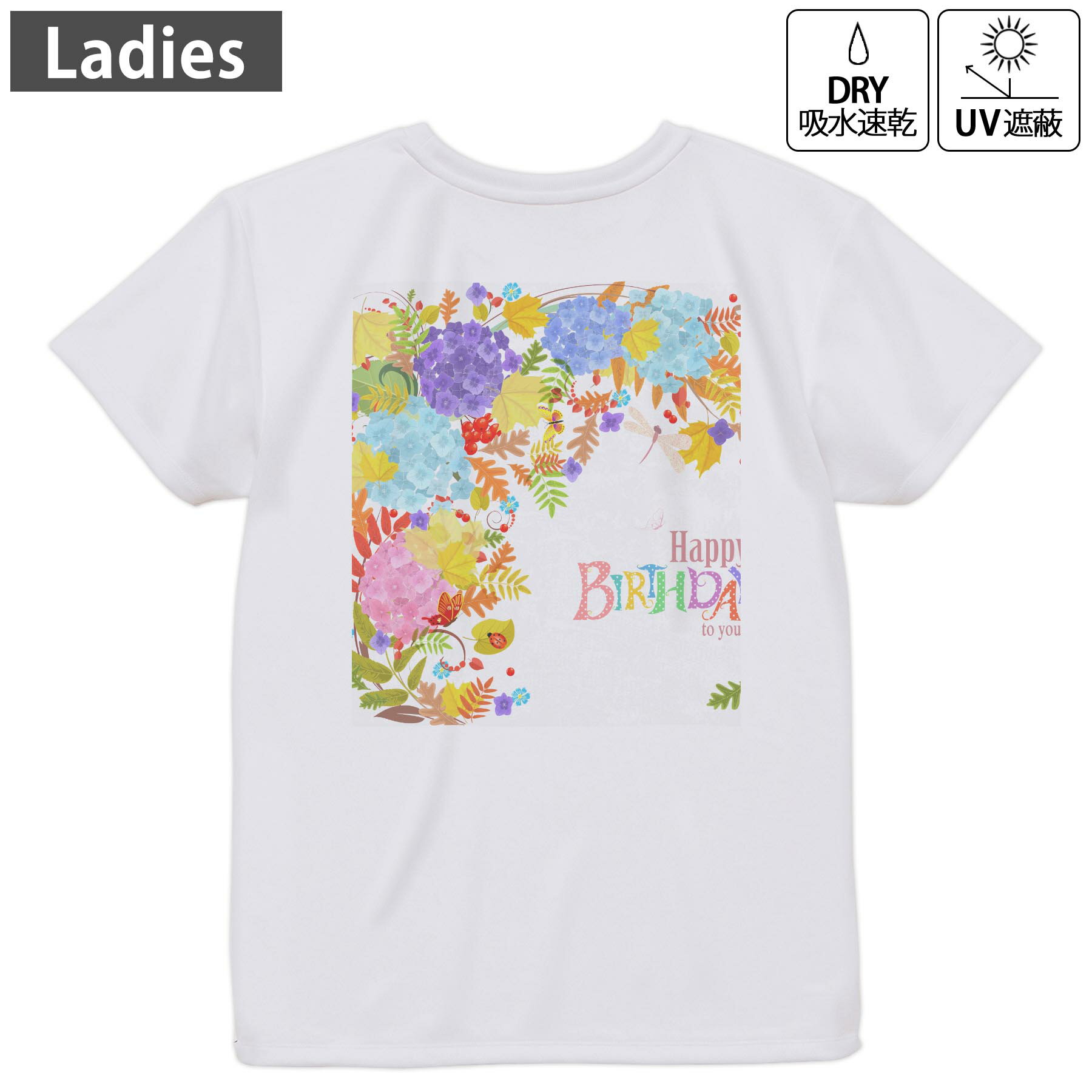 レディース ドライバックプリントTシャツ ホワイト 半袖 4.1オンス ジム トレーニング スポーツ 運動会 ドライアスレチック UVカット 紫外線遮蔽 吸水速乾 デザイン Tshirt M L 009751 バースデー 英語