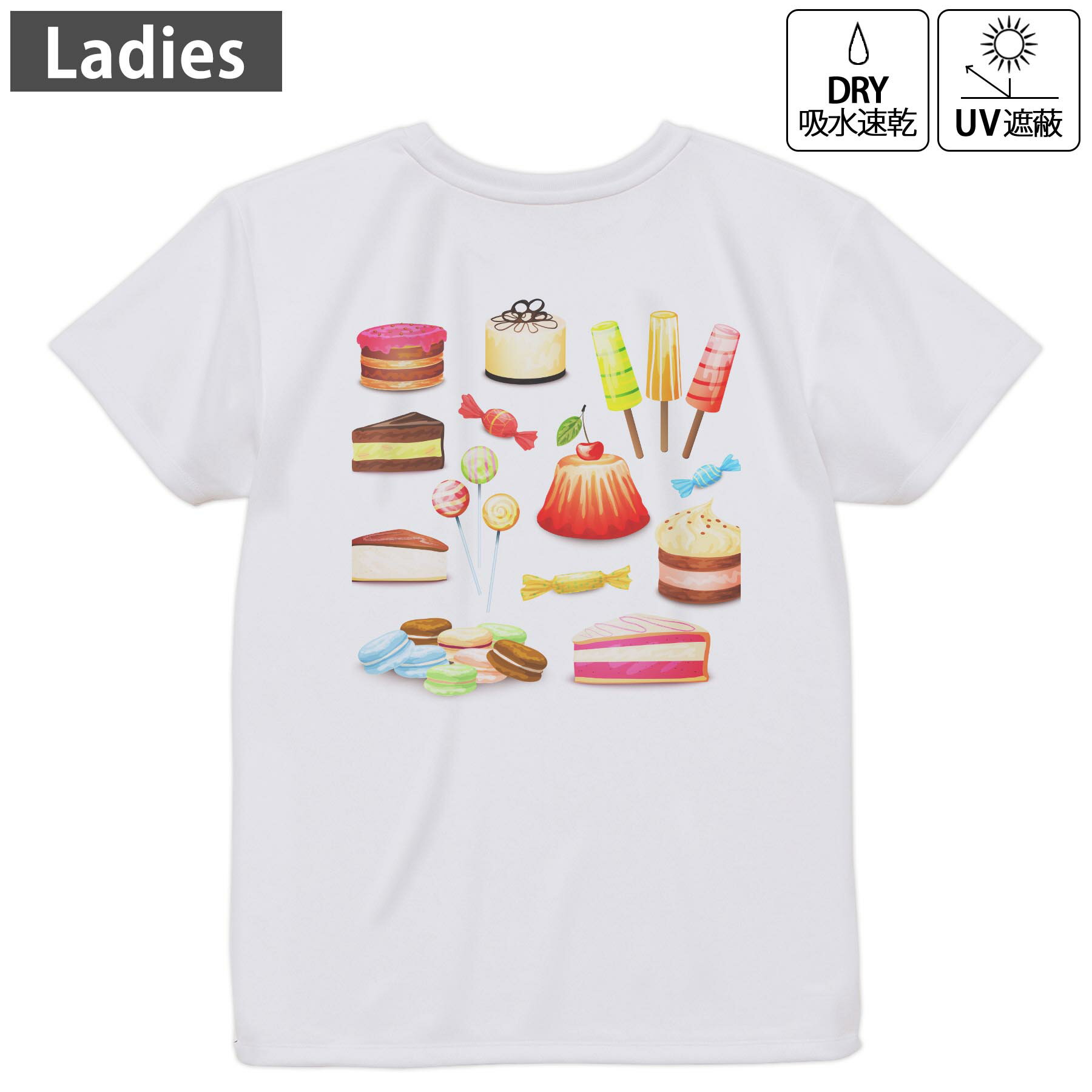 レディース ドライバックプリントTシャツ ホワイト 半袖 4.1オンス ジム トレーニング スポーツ 運動会 ドライアスレチック UVカット 紫外線遮蔽 吸水速乾 デザイン Tshirt M L 009762 デザート マカロン カラフル
