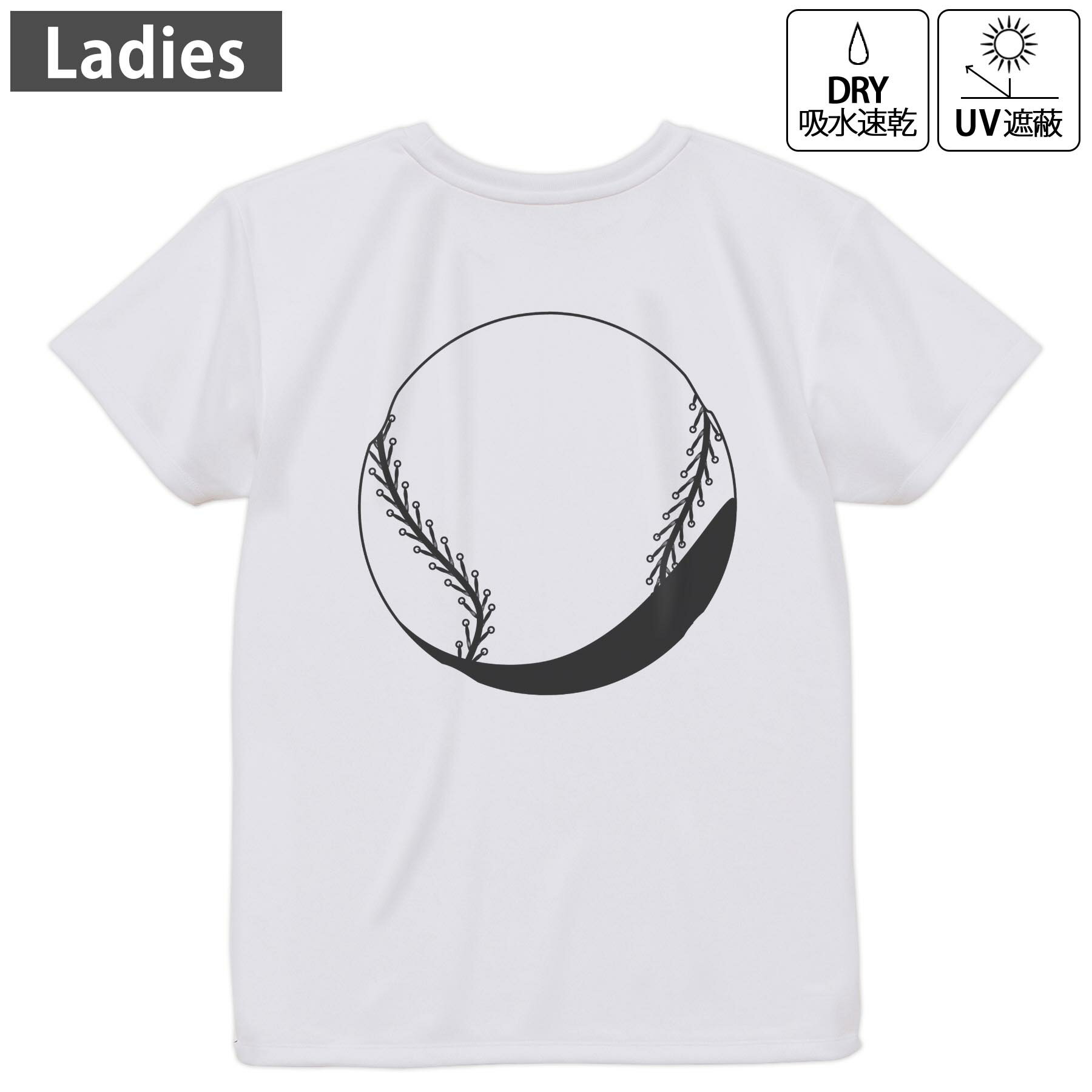 レディース ドライバックプリントTシャツ ホワイト 半袖 4.1オンス ジム トレーニング スポーツ 運動会 ドライアスレチック UVカット 紫外線遮蔽 吸水速乾 デザイン Tshirt M L 010183 スポーツ 野球 ボール