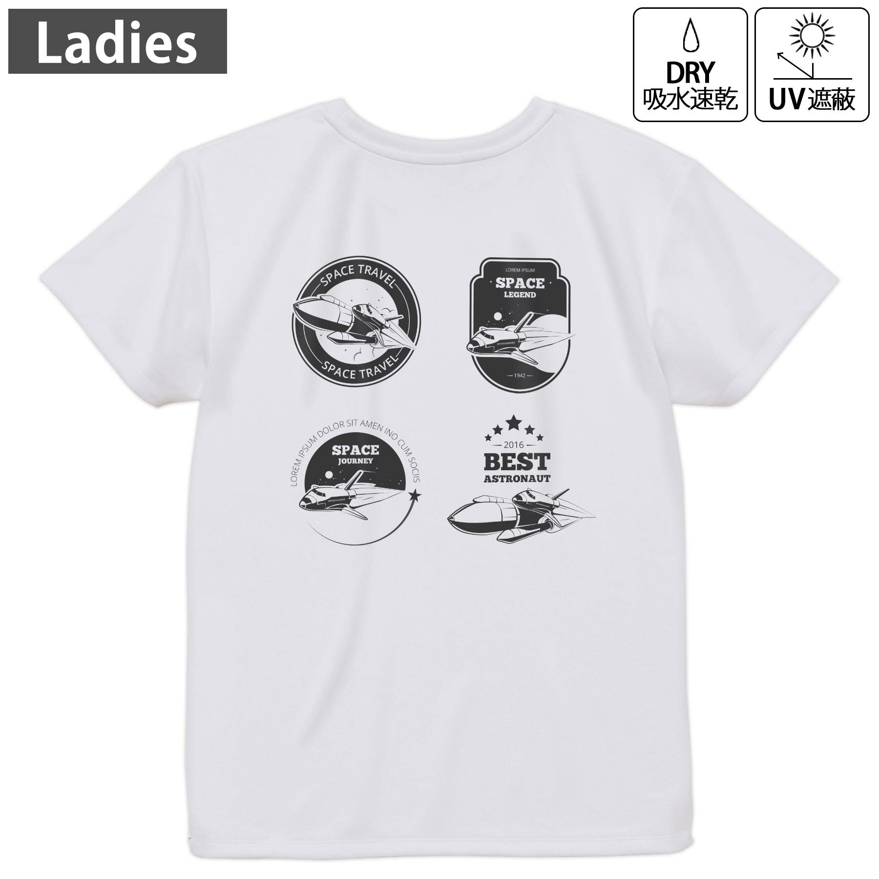 レディース ドライバックプリントTシャツ ホワイト 半袖 4.1オンス ジム トレーニング スポーツ 運動会 ドライアスレチック UVカット 紫外線遮蔽 吸水速乾 デザイン Tshirt M L 011351 宇宙　ロケット　宇宙船