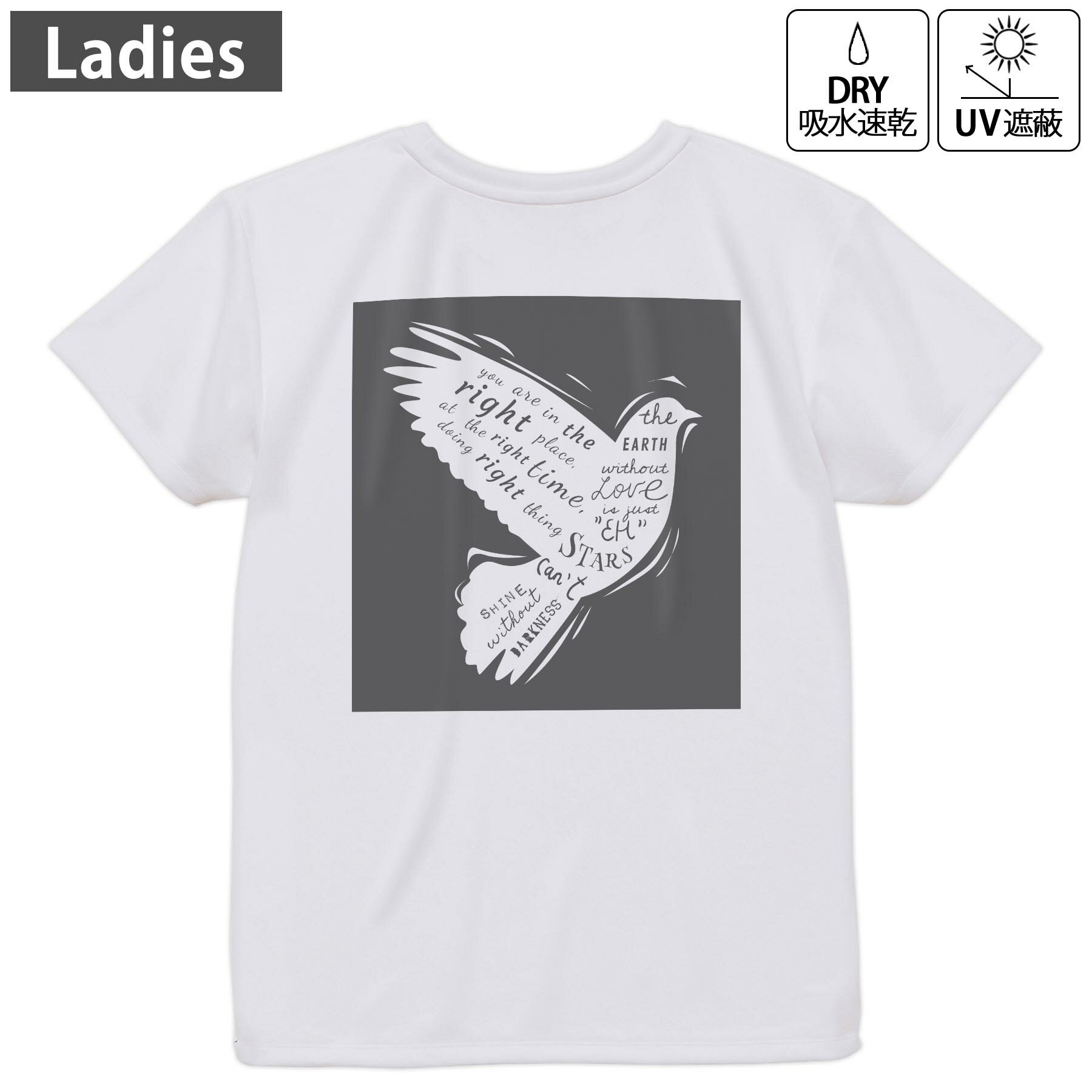 レディース ドライバックプリントTシャツ ホワイト 半袖 4.1オンス ジム トレーニング スポーツ 運動会 ドライアスレチック UVカット 紫外線遮蔽 吸水速乾 デザイン Tshirt M L 011452 鳥　英語　文字