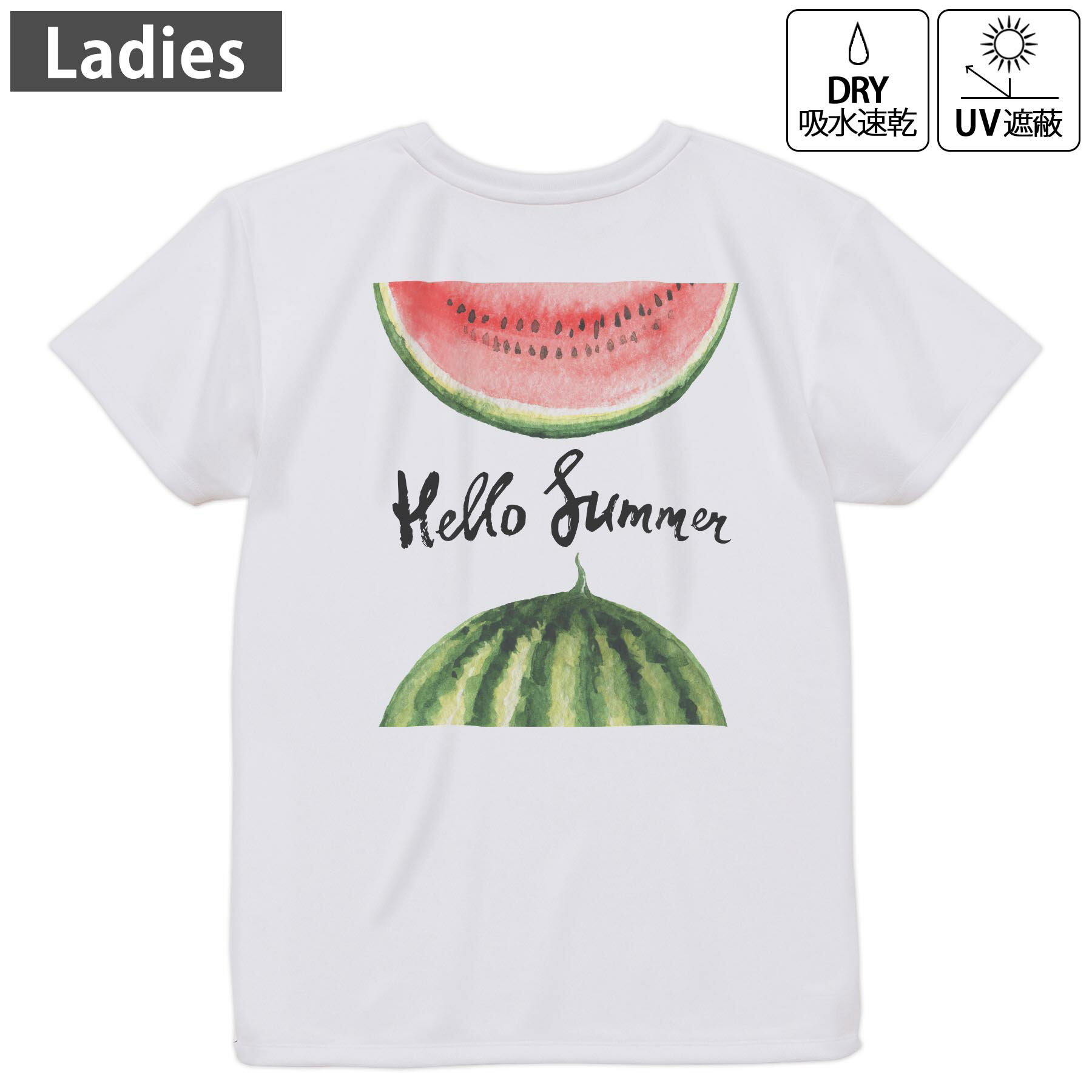レディース ドライバックプリントTシャツ ホワイト 半袖 4.1オンス ジム トレーニング スポーツ 運動会 ドライアスレチック UVカット 紫外線遮蔽 吸水速乾 デザイン Tshirt M L 012062 英語 スイカ 果物