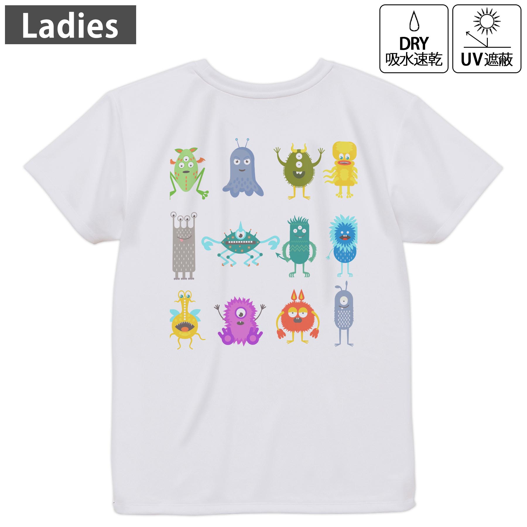 レディース ドライバックプリントTシャツ ホワイト 半袖 4.1オンス ジム トレーニング スポーツ 運動会 ドライアスレチック UVカット 紫外線遮蔽 吸水速乾 デザイン Tshirt M L 013165 宇宙　宇宙人